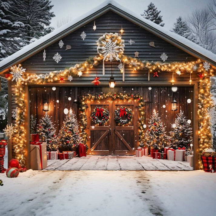 Wooden House Decorated Christmas Garage Door Cover Winter Holiday Outside Decor Xmas Gifts