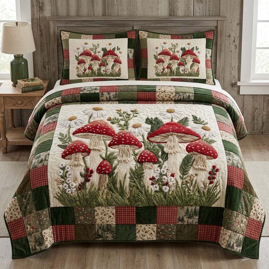 Woodland Amanita Quilted Bedding Set Forest Bedroom Decor Cozy Gift For Mushroom Lovers