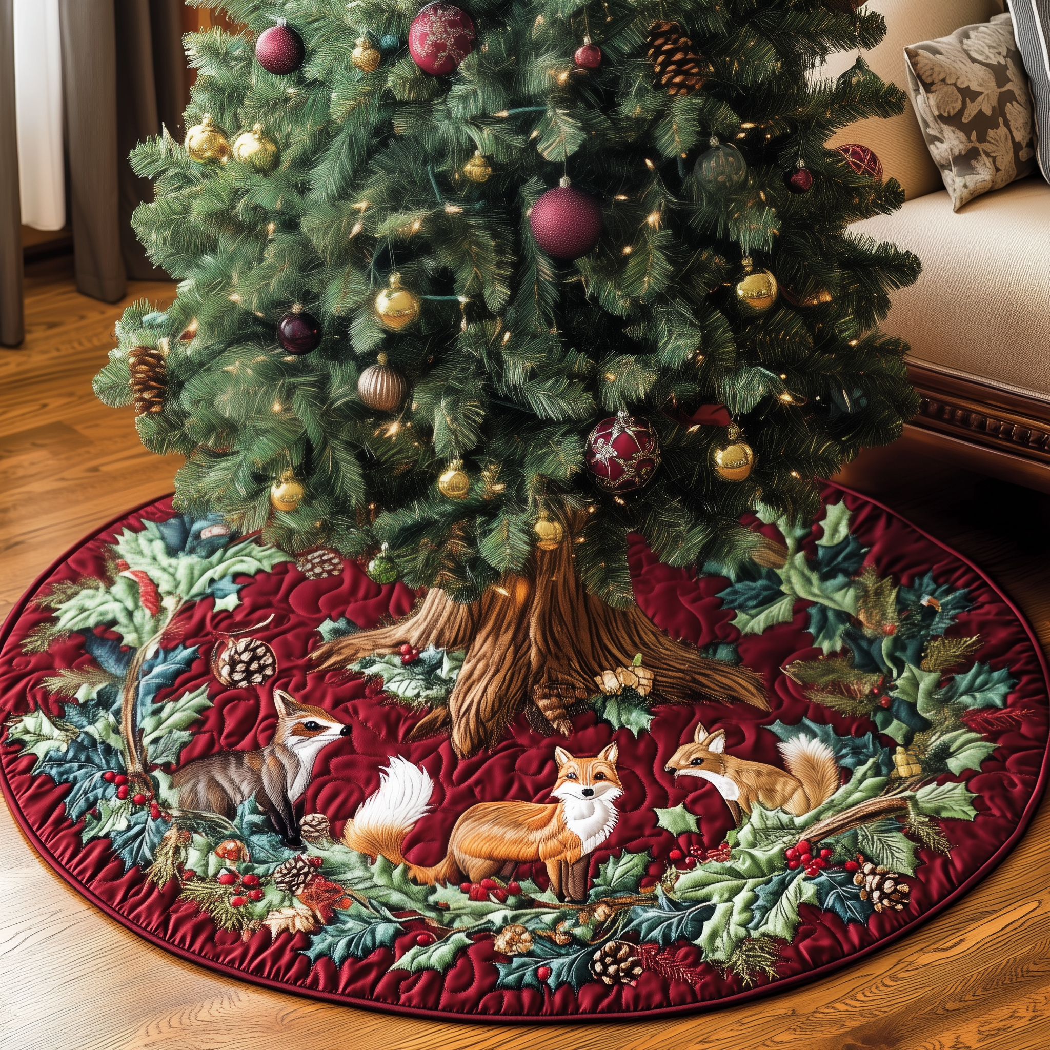 Woodland Animals Quilted Tree Skirt Christmas Room Decor Animal Lovers Gifts For Her