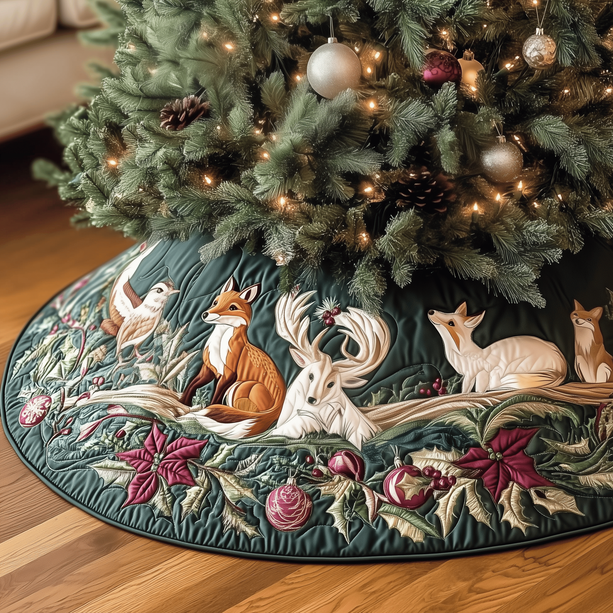 Woodland Animals Quilted Tree Skirt Cute Christmas Room Decor Animal Lovers Gifts For Lovers