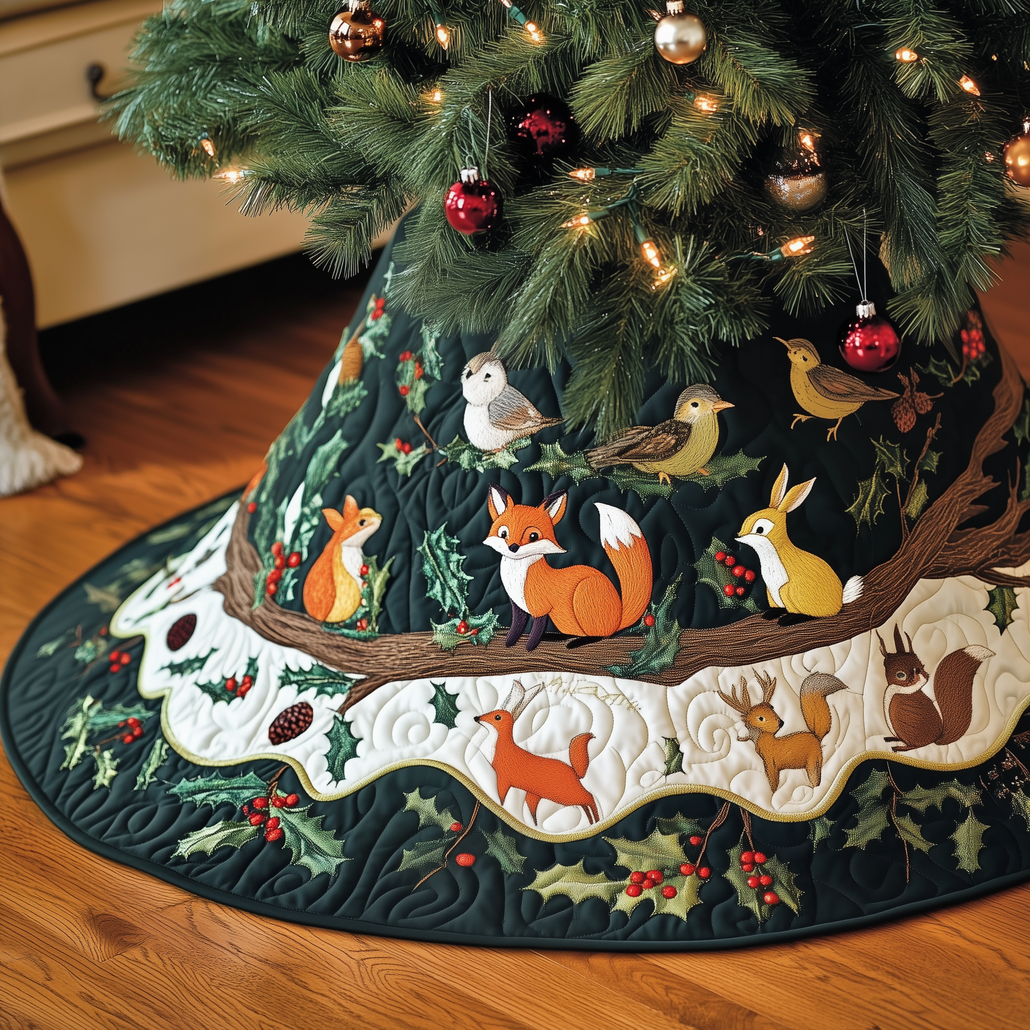 Woodland Animals Quilted Tree Skirt Lovely Gift Merch For Couples