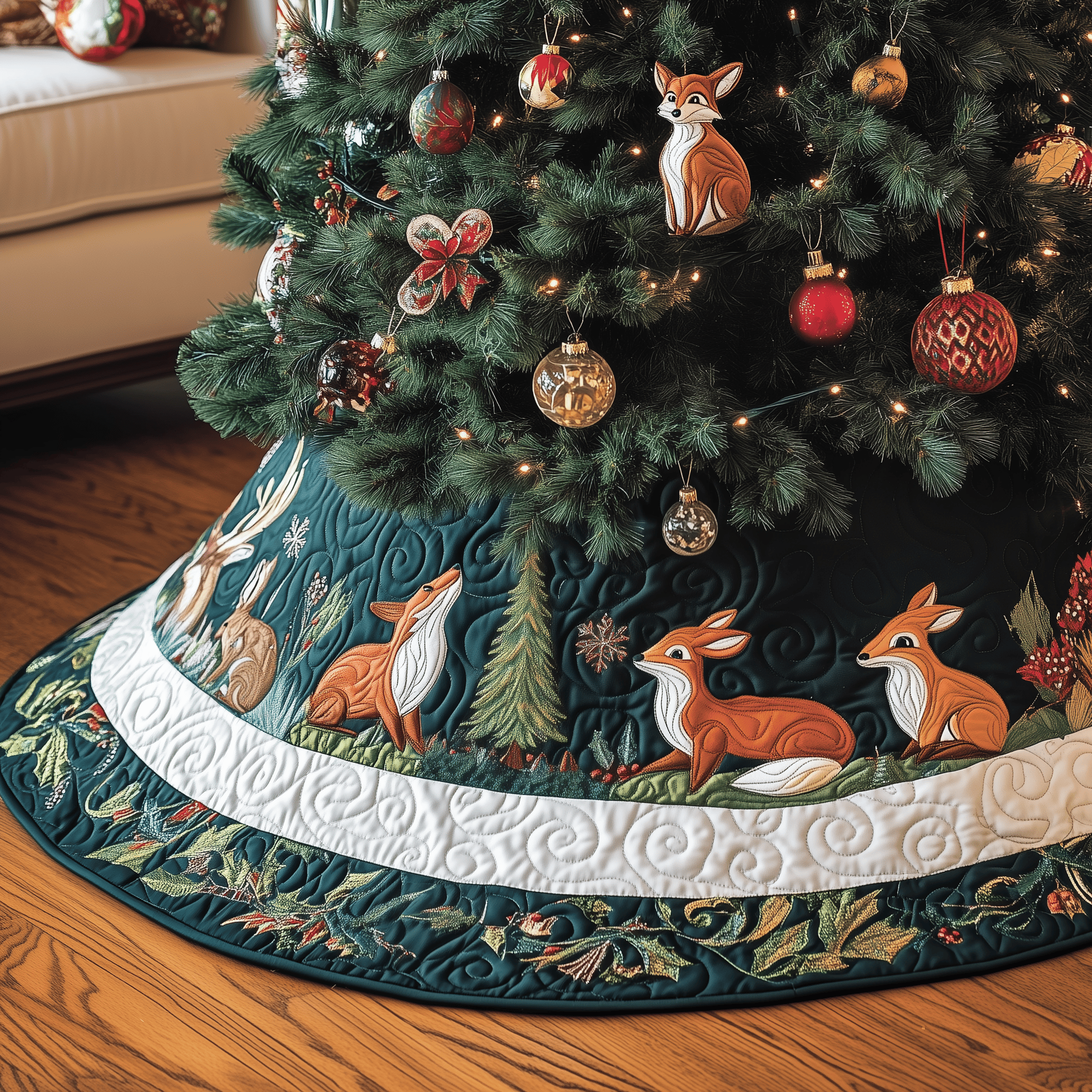 Woodland Animals Quilted Tree Skirt Unique Decoration Xmas Gifts For Animal Lovers