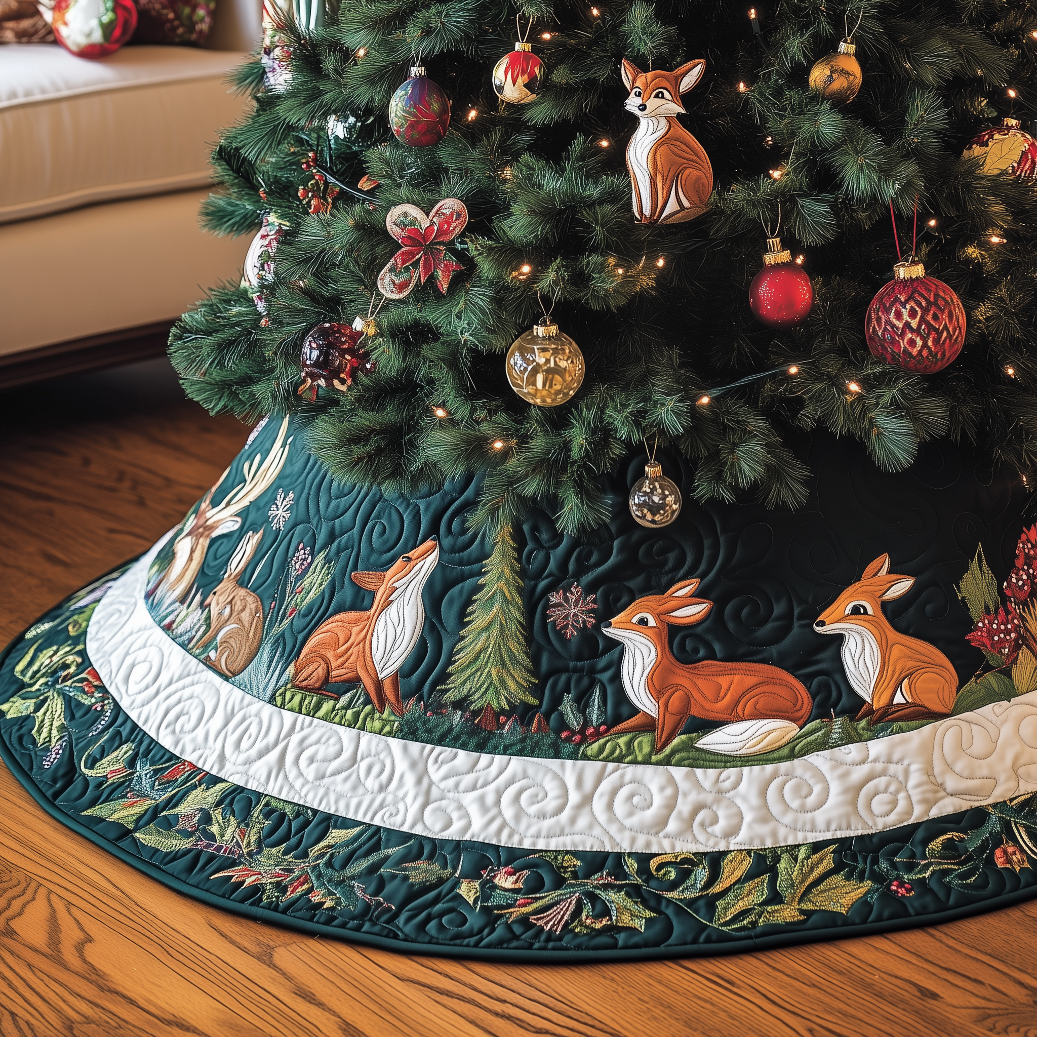 Woodland Animals Quilted Tree Skirt Unique Gift Merch For Friends