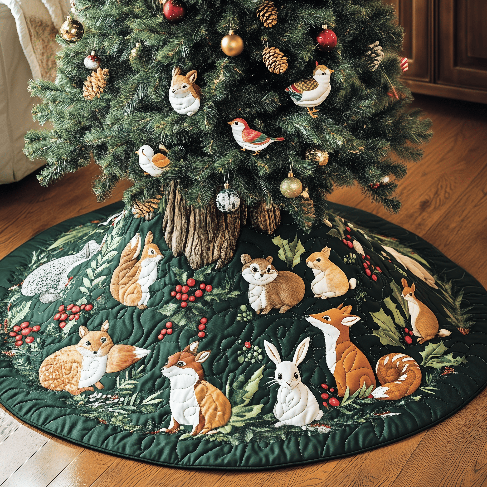 Woodland Animals Quilted Tree Skirt Xmas Room Decorating Gifts For Forest Lovers