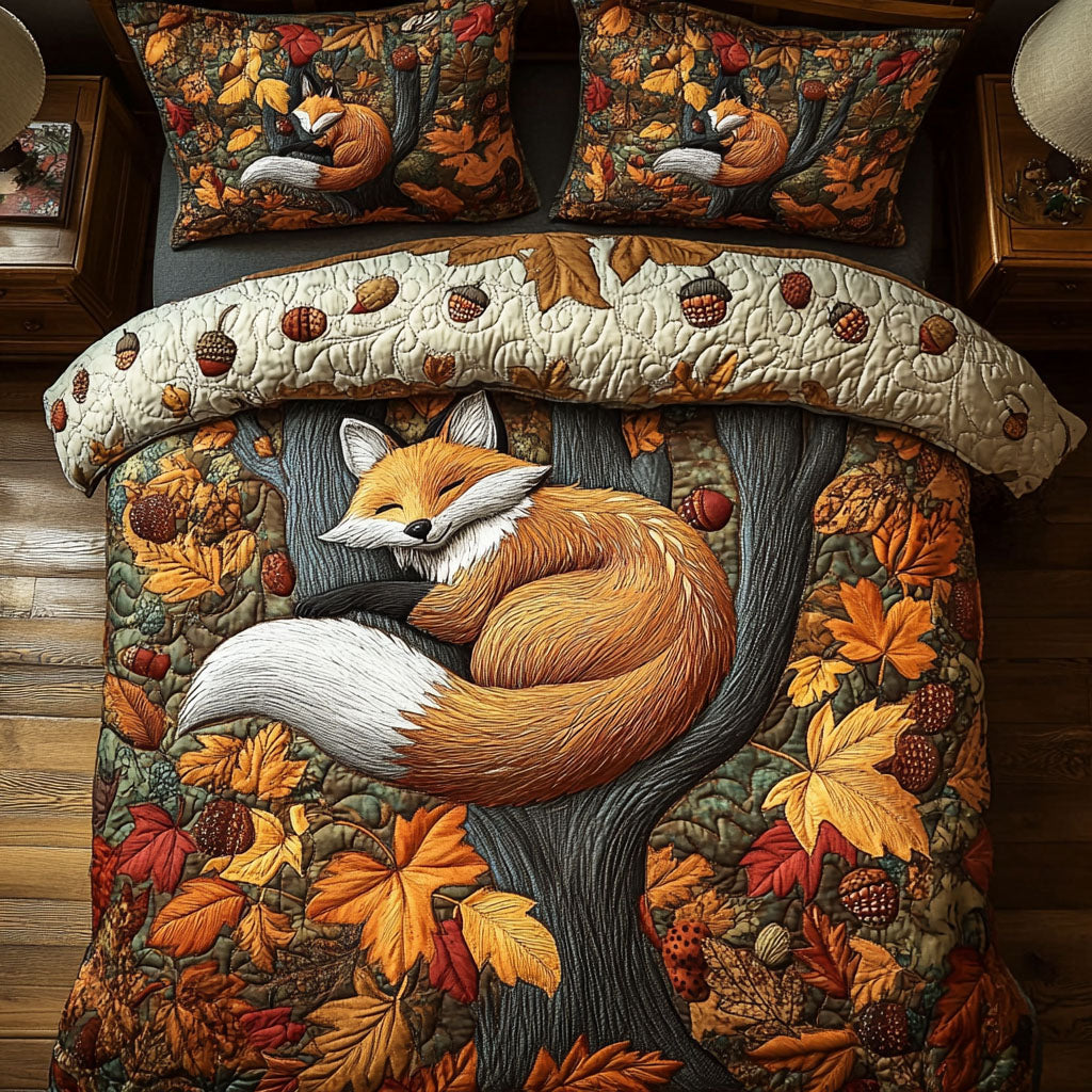 Woodland Autumn Fox Quilted Bedding Set Autumn Bed Sheet Set Best Gifts For Fox Lovers