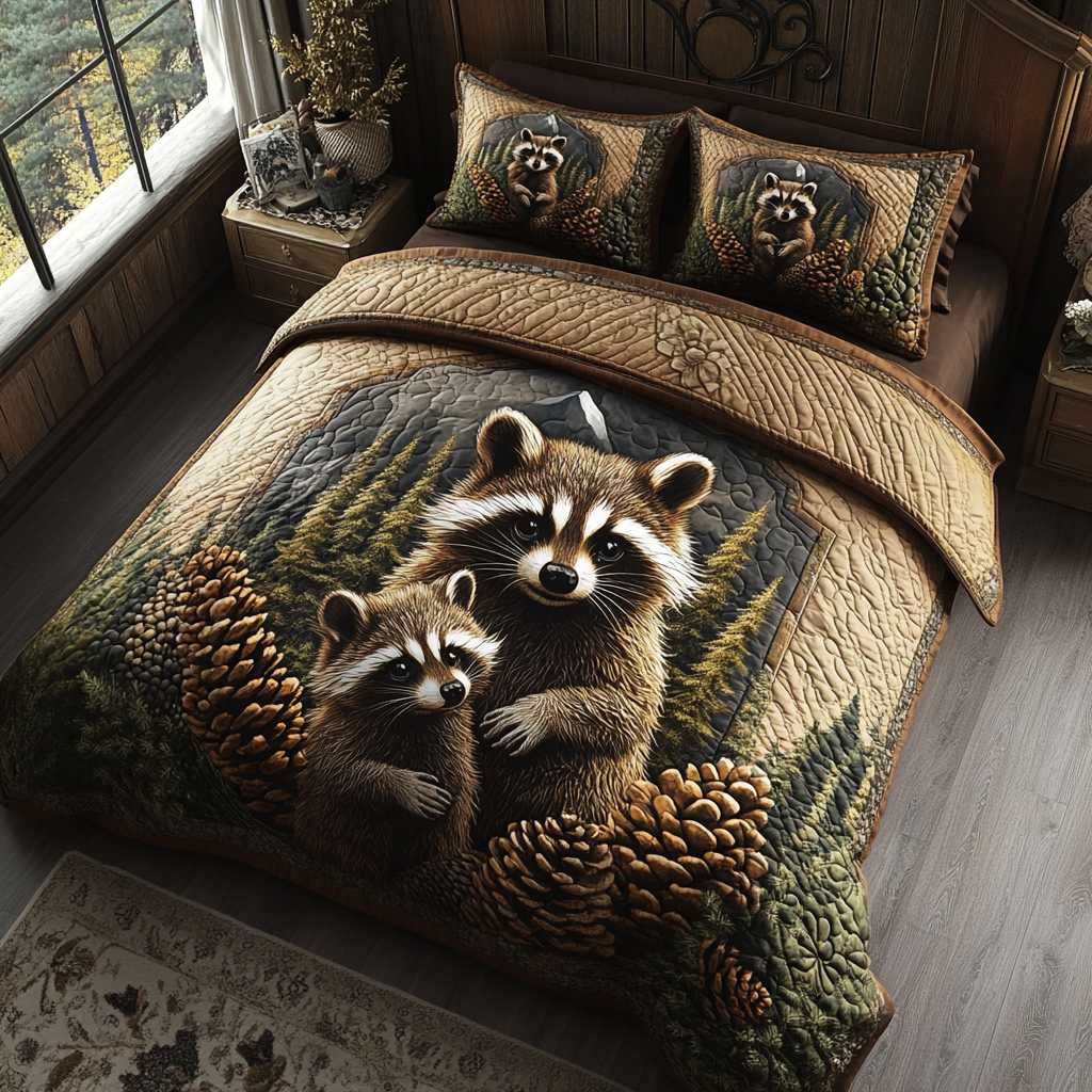 Woodland Bandit Quilted Bedding Set Bed Room Decoration Raccoon Christmas Gifts