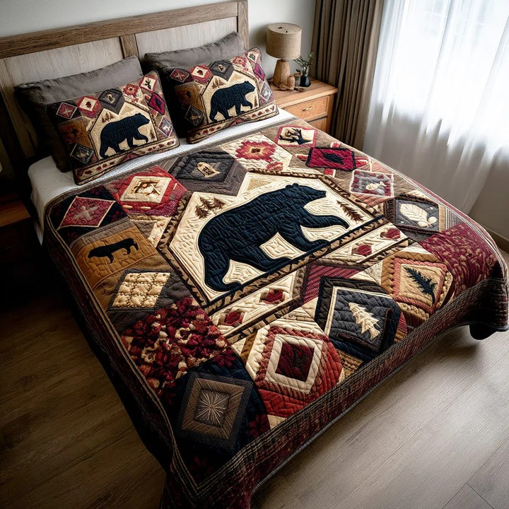 Woodland Bear 3-Piece Quilted Bedding Set Rustic Wildlife Bedspread Best Gift For Bear Lovers