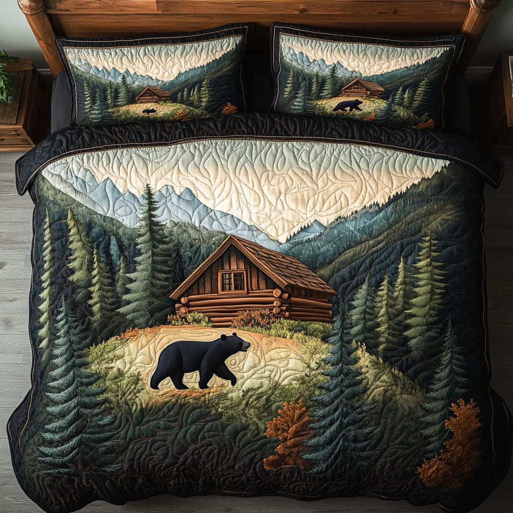 Woodland Bear Cabin Quilted Bedding Set Bedroom Decorations Gift Ideas For Wildlife Lovers