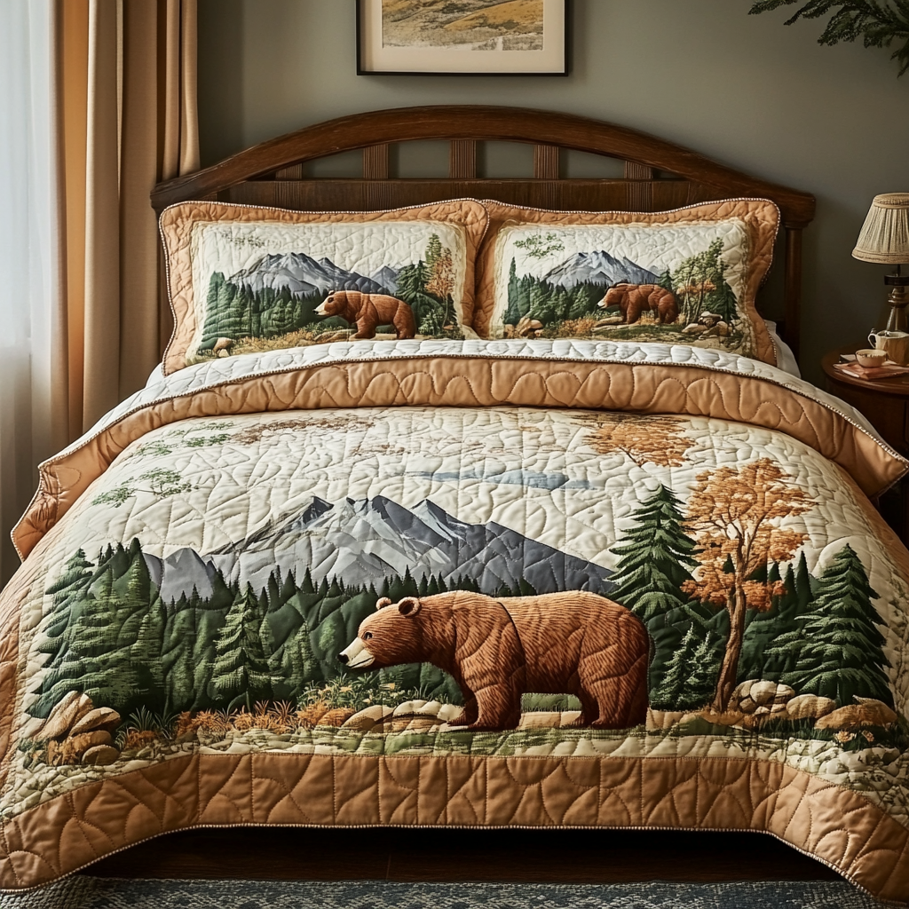Woodland Bear Quilted Bedding Set Bedroom Decor Ideas Gifts For Wild Animal Lovers
