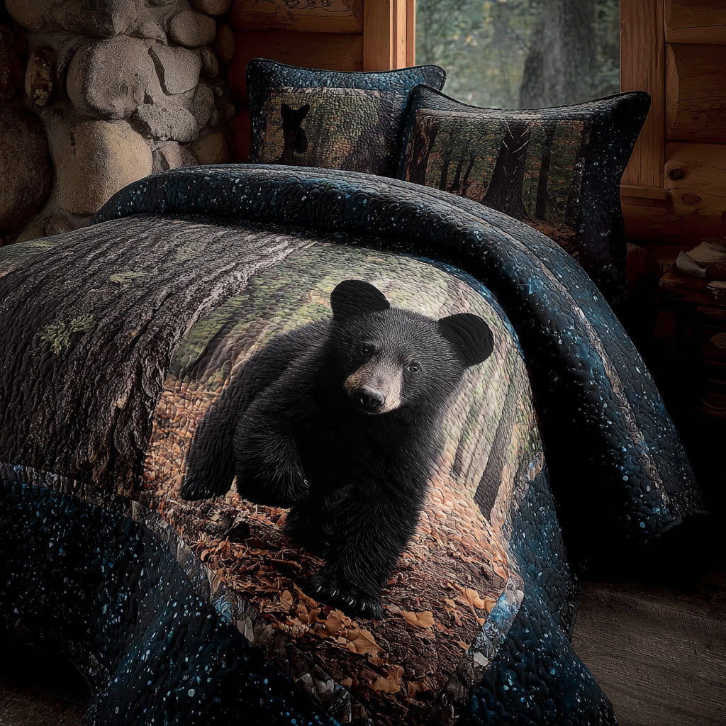 Woodland Black Bear Quilted Bedding Set Holiday Season Duvet Cover Set Unique Nature Lover Gifts