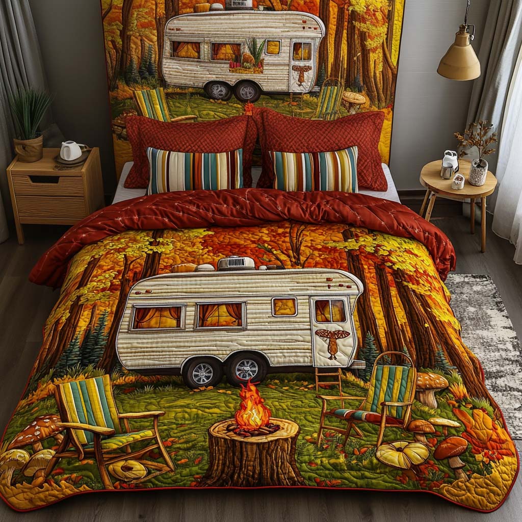 Woodland Camp Retreat Quilted Bedding Set Autumn Sheet Set Great Camping Lover Gifts