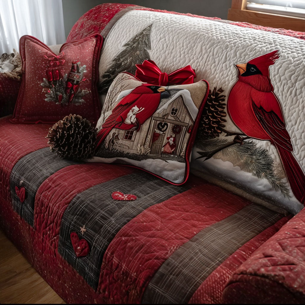 Woodland Cardinal Love Quilted Sofa Cover Christmas Nature Gift