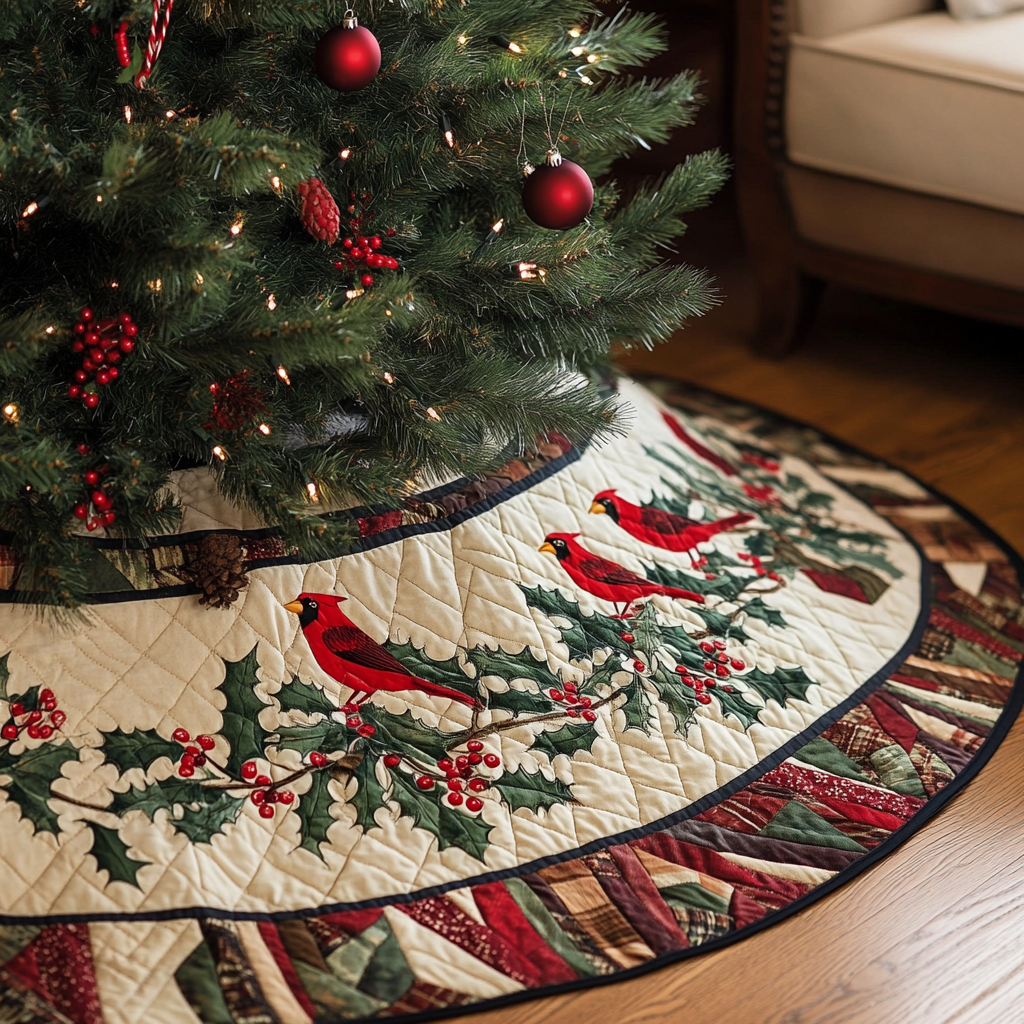 Woodland Cardinals Quilted Tree Skirt Adorable Holiday Tree Skirt for Cozy Spaces