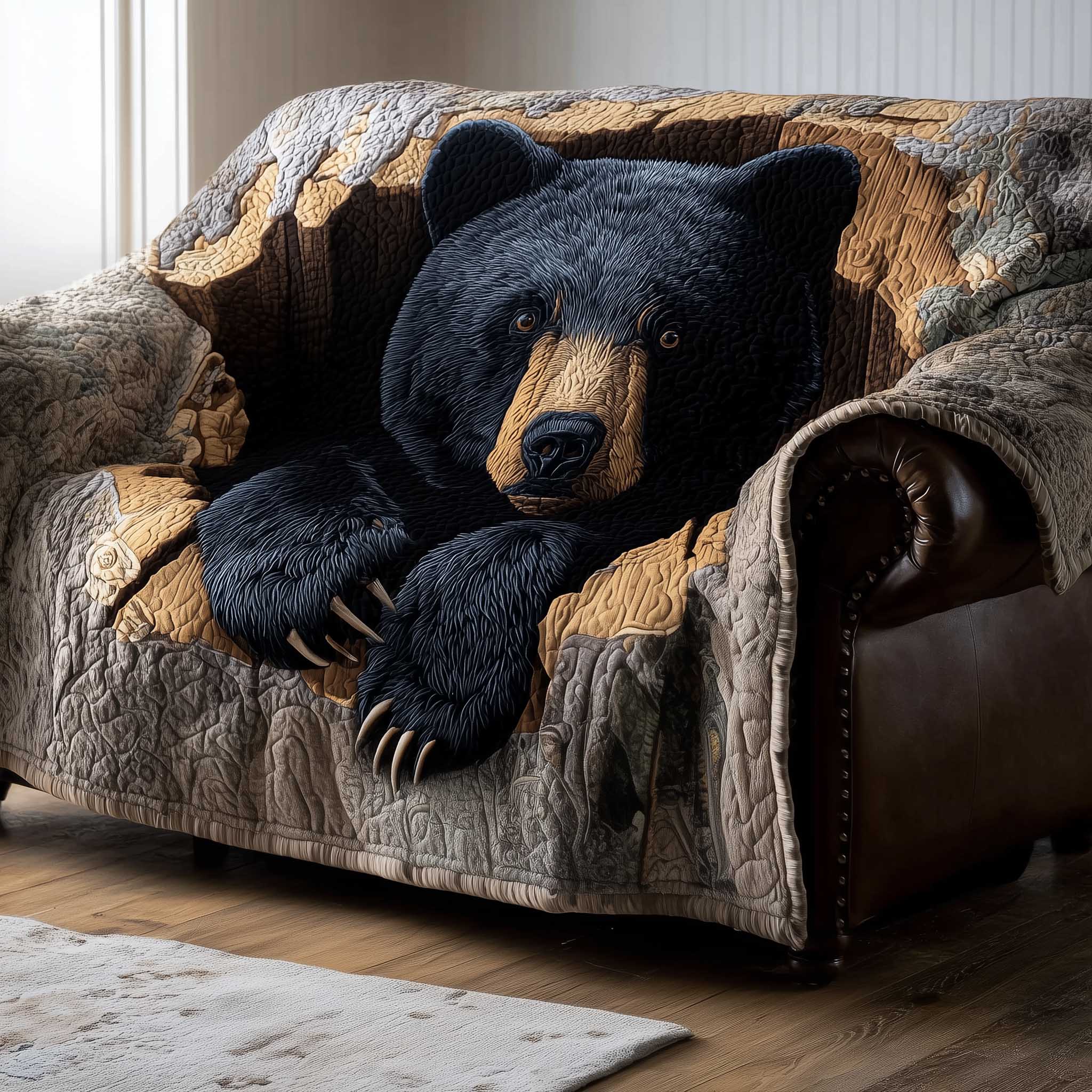 Woodland Charm Quilted Sofa Cover Cozy Rustic Forest Accent Bear Gifts For Dad