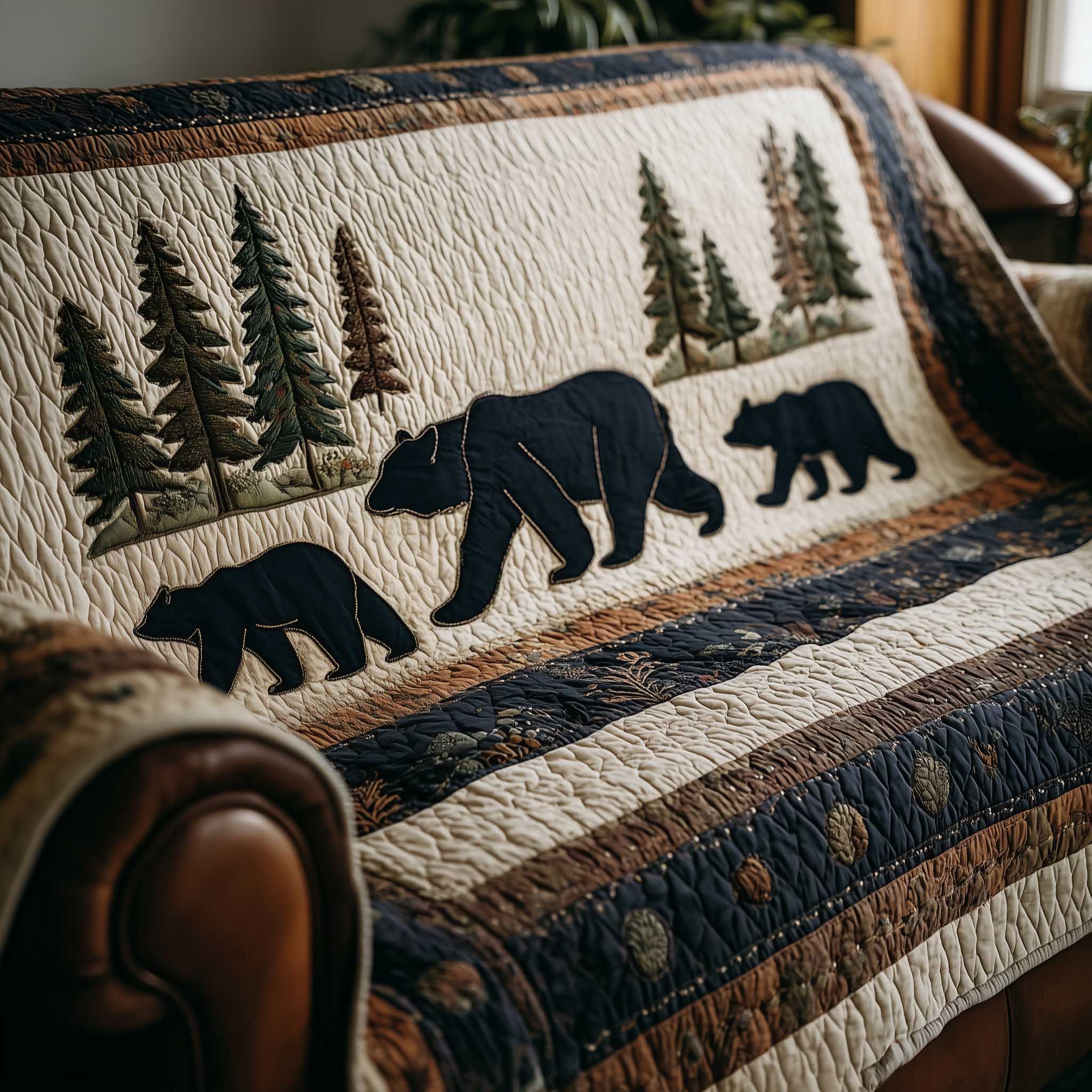 Woodland Charm Quilted Sofa Cover Natural Forest Winter Scene Bear Gifts For Dad