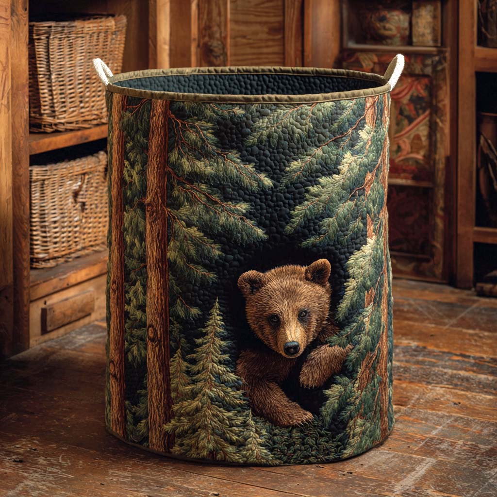 Woodland Cub Quilted Laundry Basket Trendy Quilted Laundry Tote for Home and Dorm