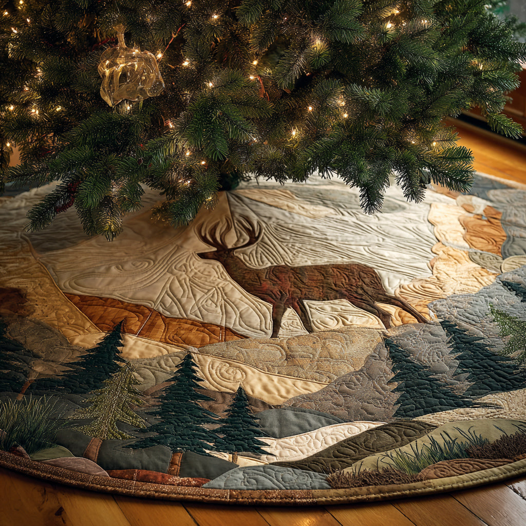 Woodland Deer Quilted Christmas Tree Skirt Holiday Season Door Reindeer Christmas Decorations