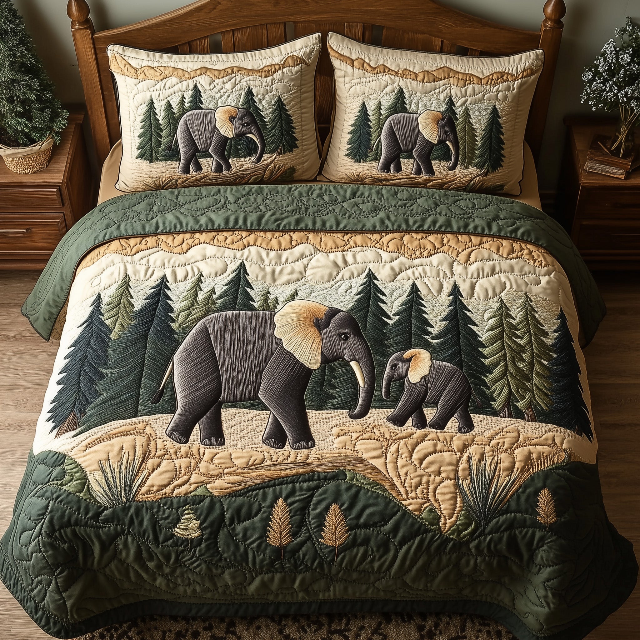 Woodland Elephant Dreams Quilted Bedding Set Durable & Long-lasting