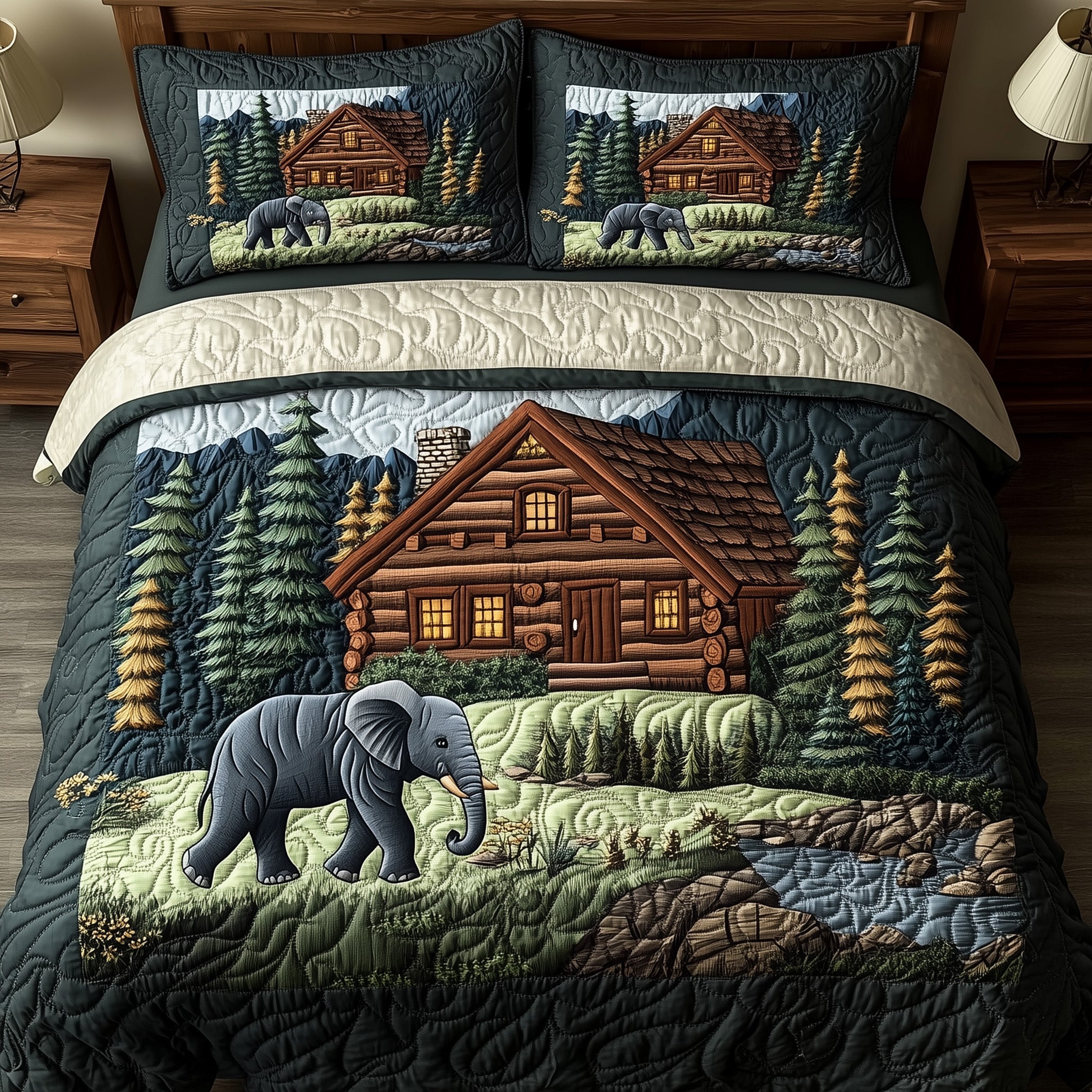 Woodland Elephant Dreams Quilted Bedding Set Farmhouse Style