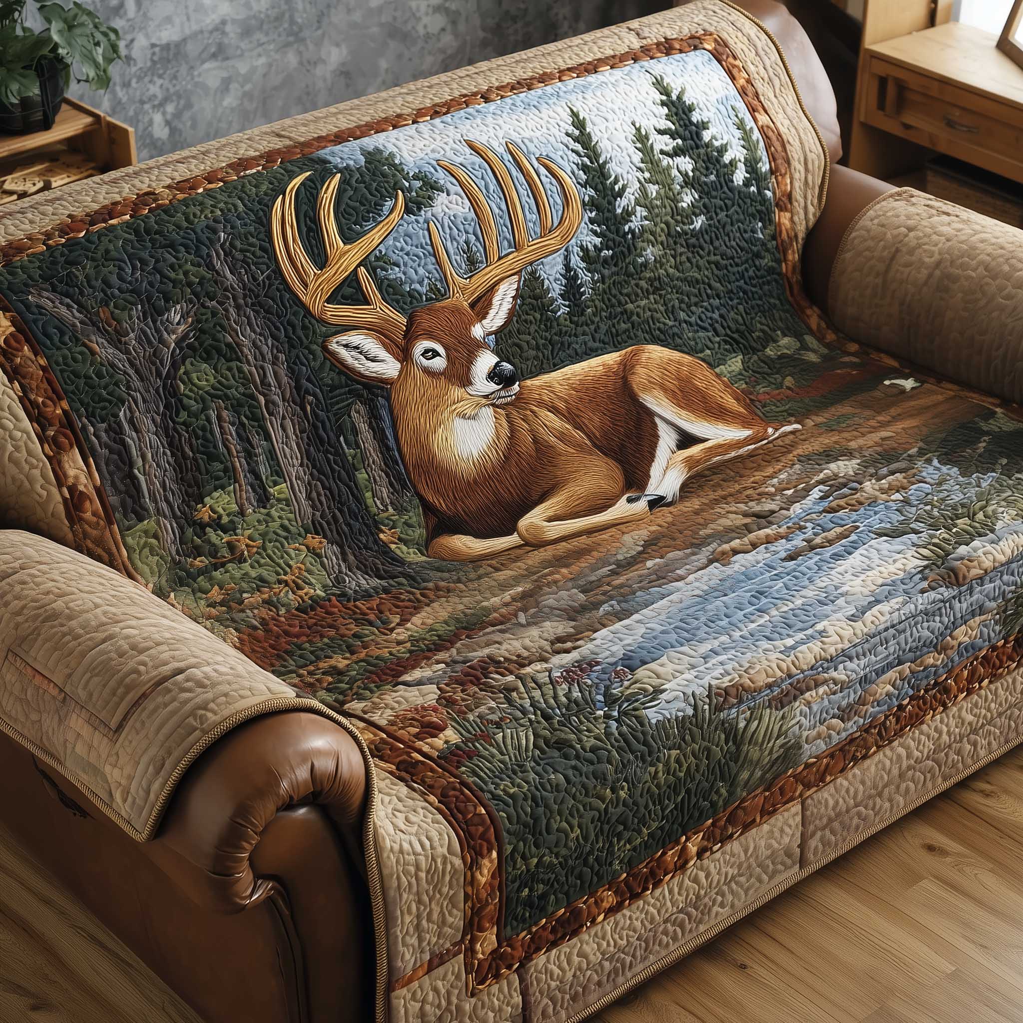 Woodland Grace Quilted Sofa Cover Elegant Forest Scene Deer Themed Gifts For Him