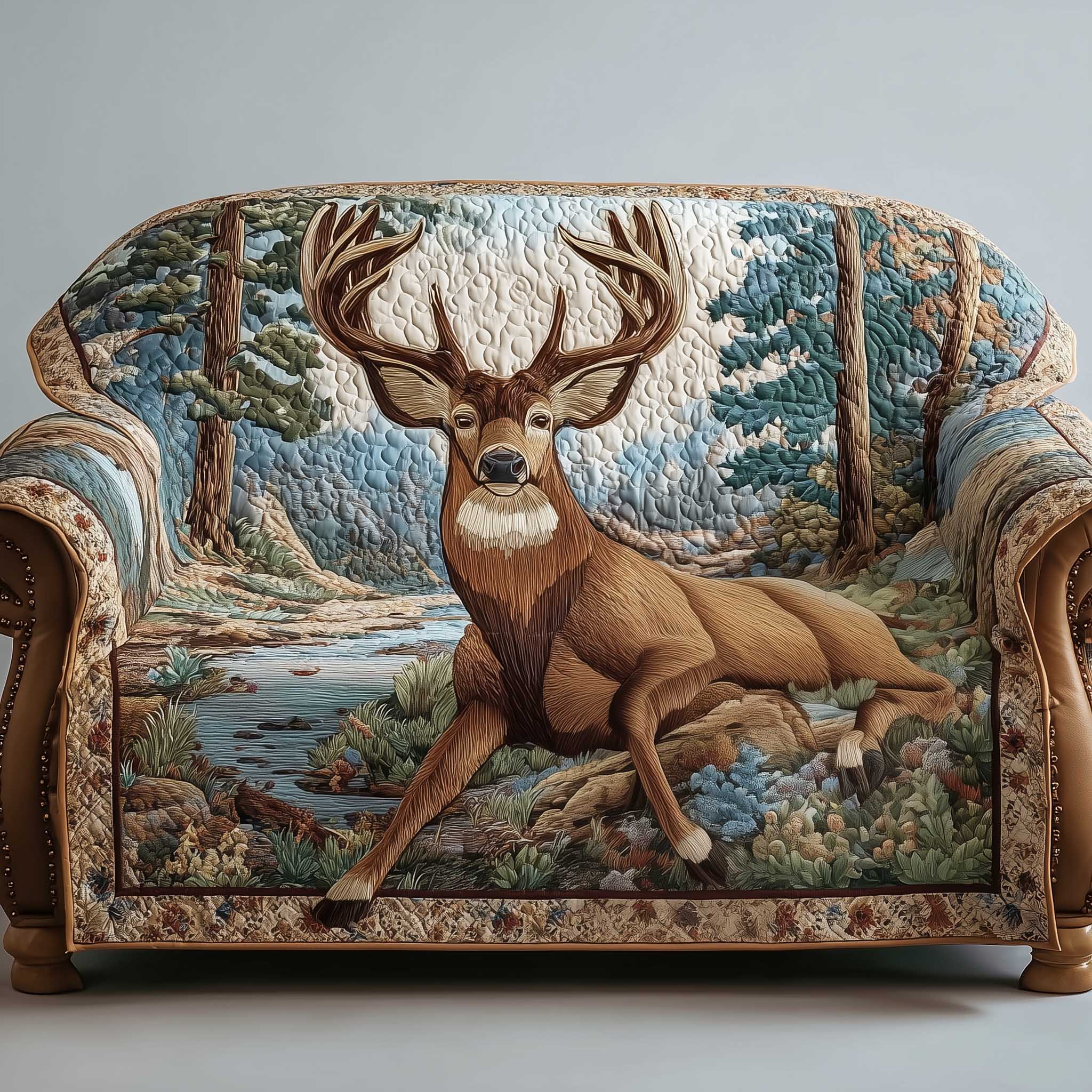 Woodland Grace Quilted Sofa Cover Graceful Tree And Foliage Motif Deer Themed Gifts For Him