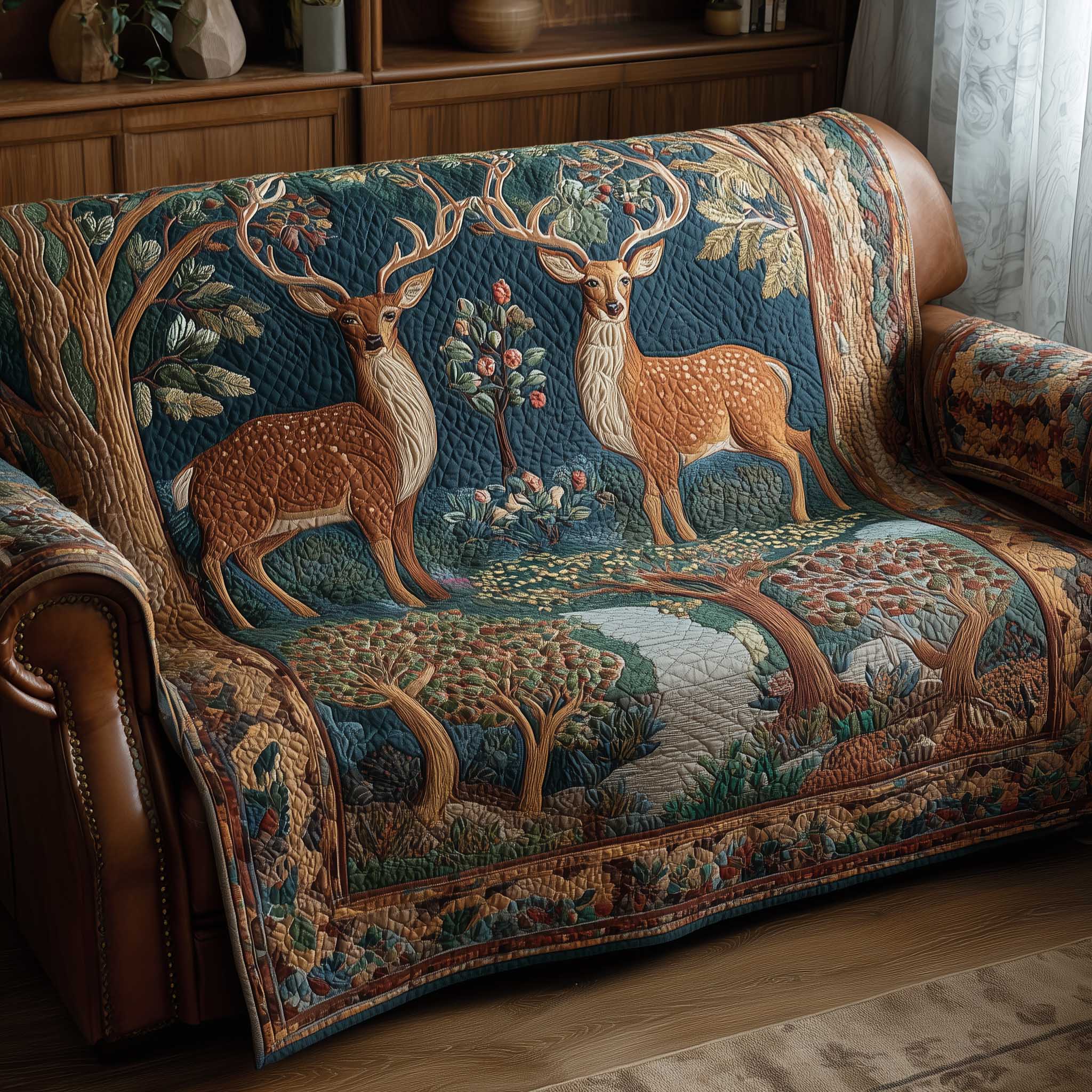 Woodland Grace Quilted Sofa Cover Nature Inspired Wildlife Design Deer Themed Gifts For Him