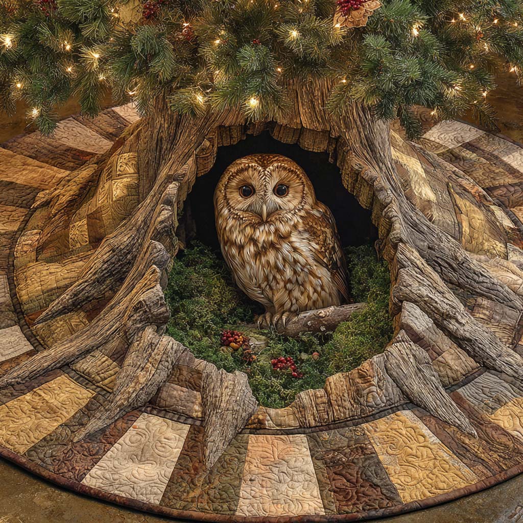 Woodland Guardian Quilted Tree Skirt Cover For Xmas Tree Base Owl Gifts For Christmas