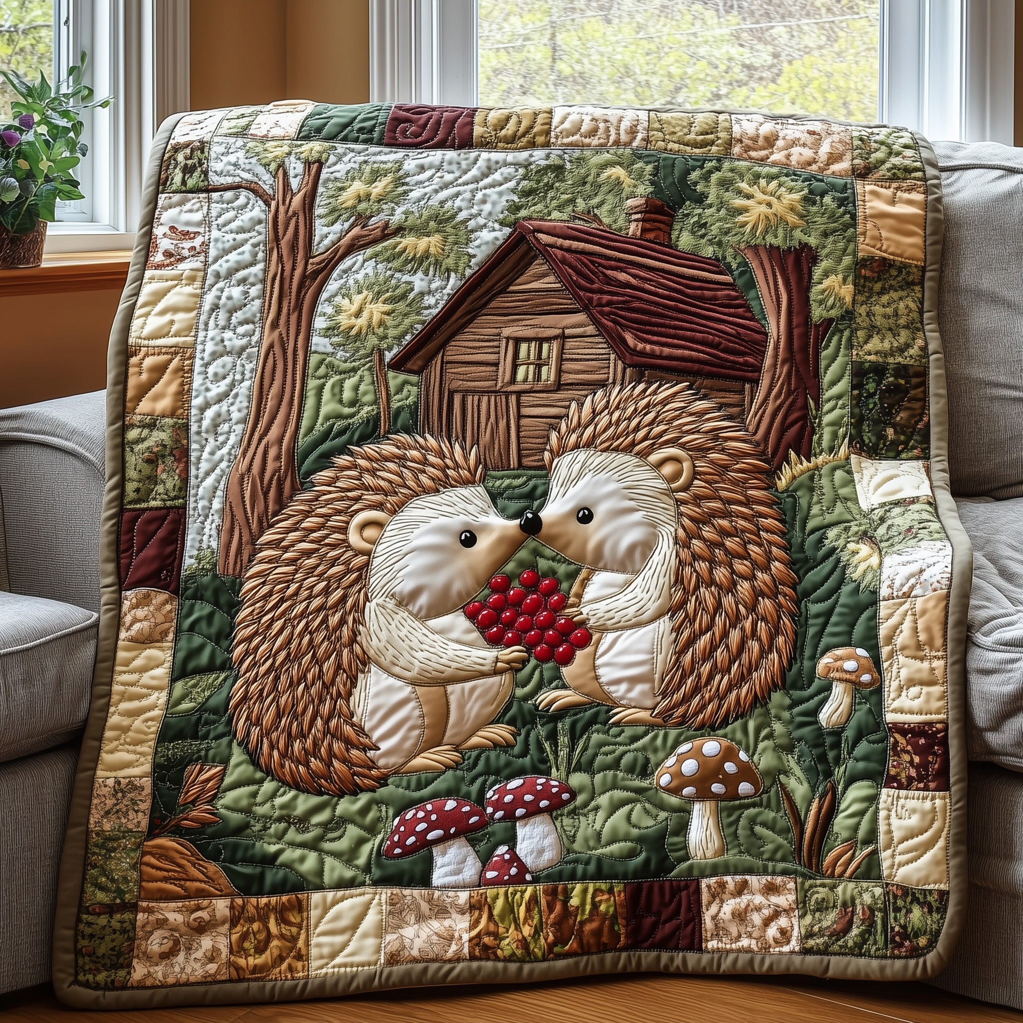 Woodland Hedgehog Quilted Blanket Best Couch Throw BlanketBest Gift For Hedgehog