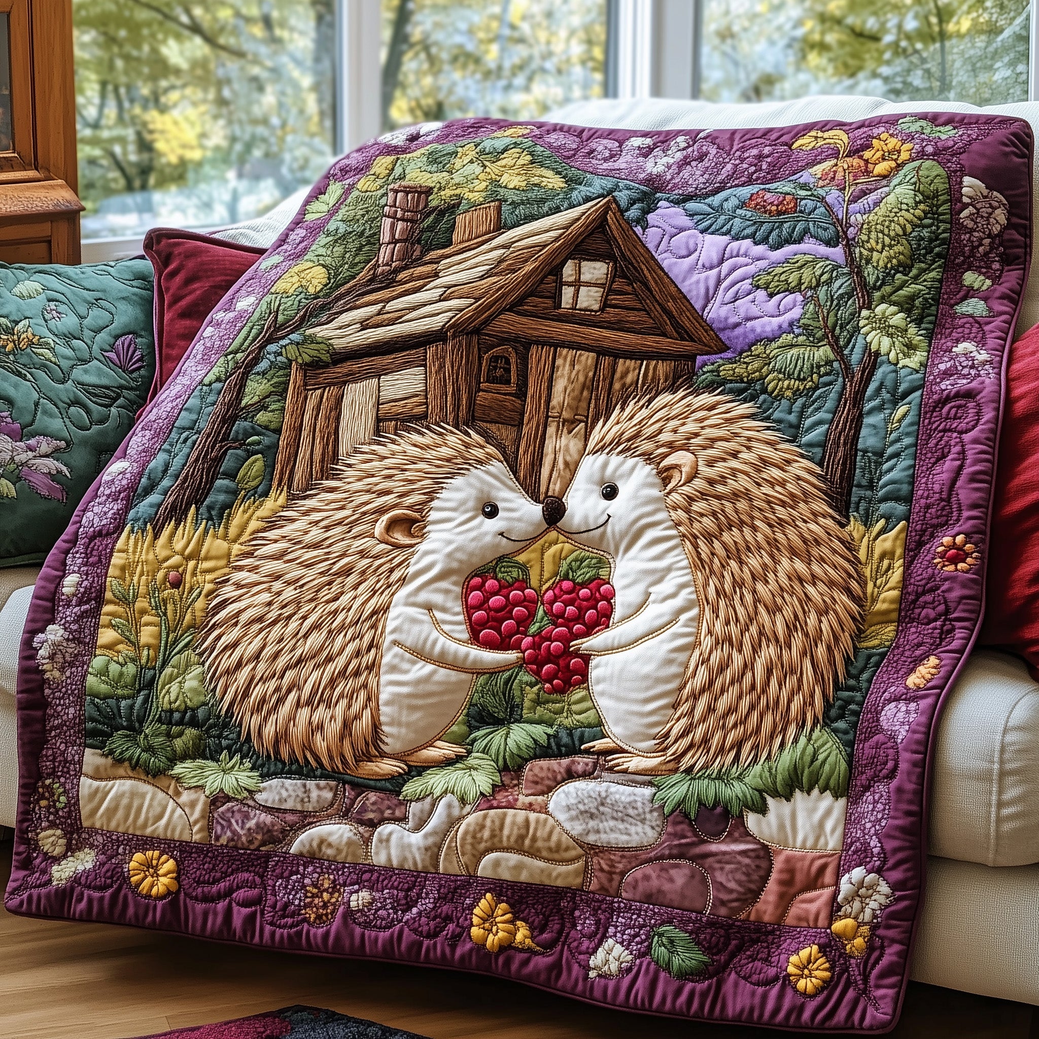 Woodland Hedgehog Quilted Blanket Best Couch Throw BlanketCute Gift For Hedgehog