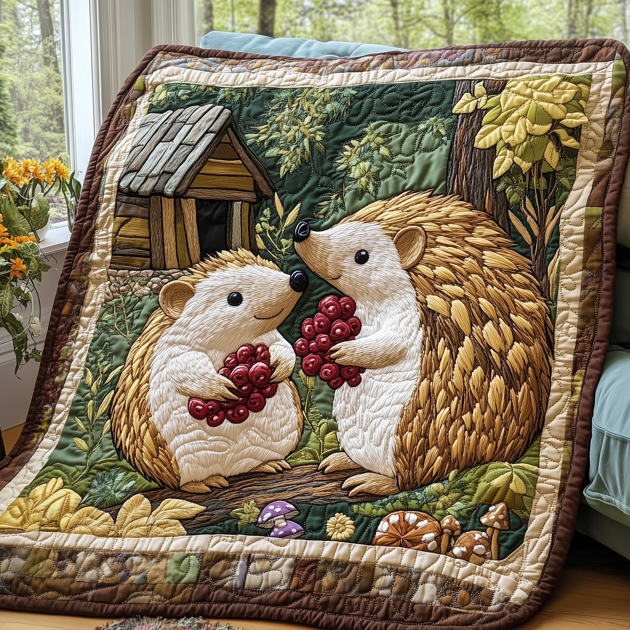 Woodland Hedgehog Quilted Blanket Best Couch Throw BlanketGift For Hedgehog Owners