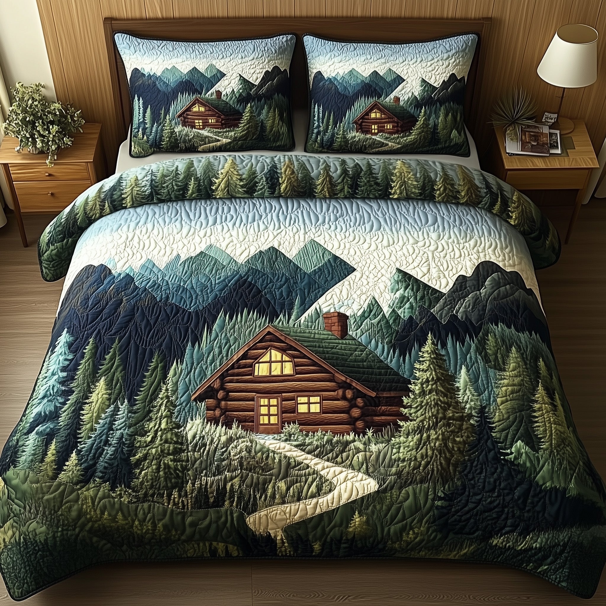 Woodland Log Cabin Quilted Bedding Set Duvet Cover Bed Sheet Best Gift As Secret Santa