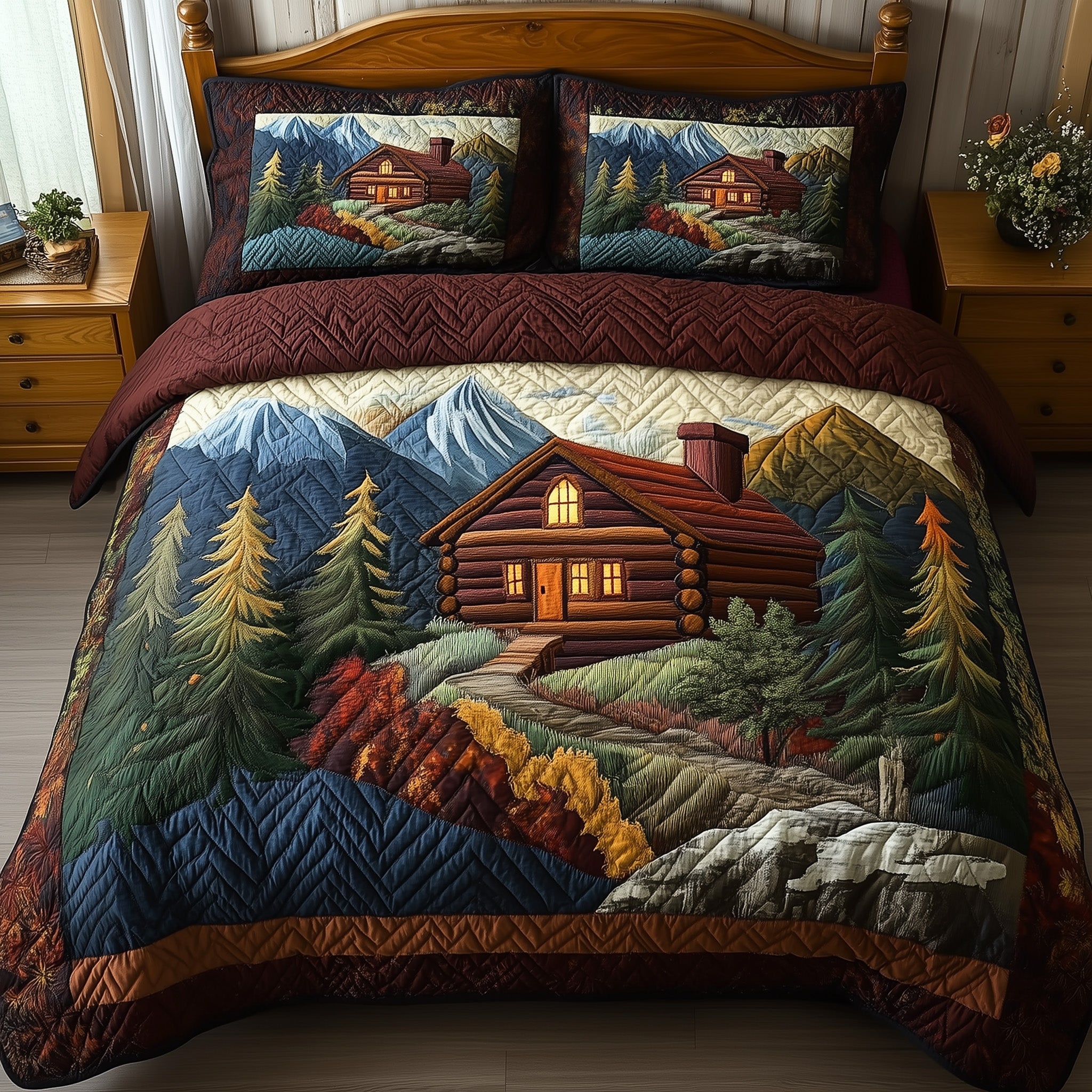 Woodland Log Cabin Quilted Bedding Set Duvet Cover Bed Sheet Best Secret Santa Presents