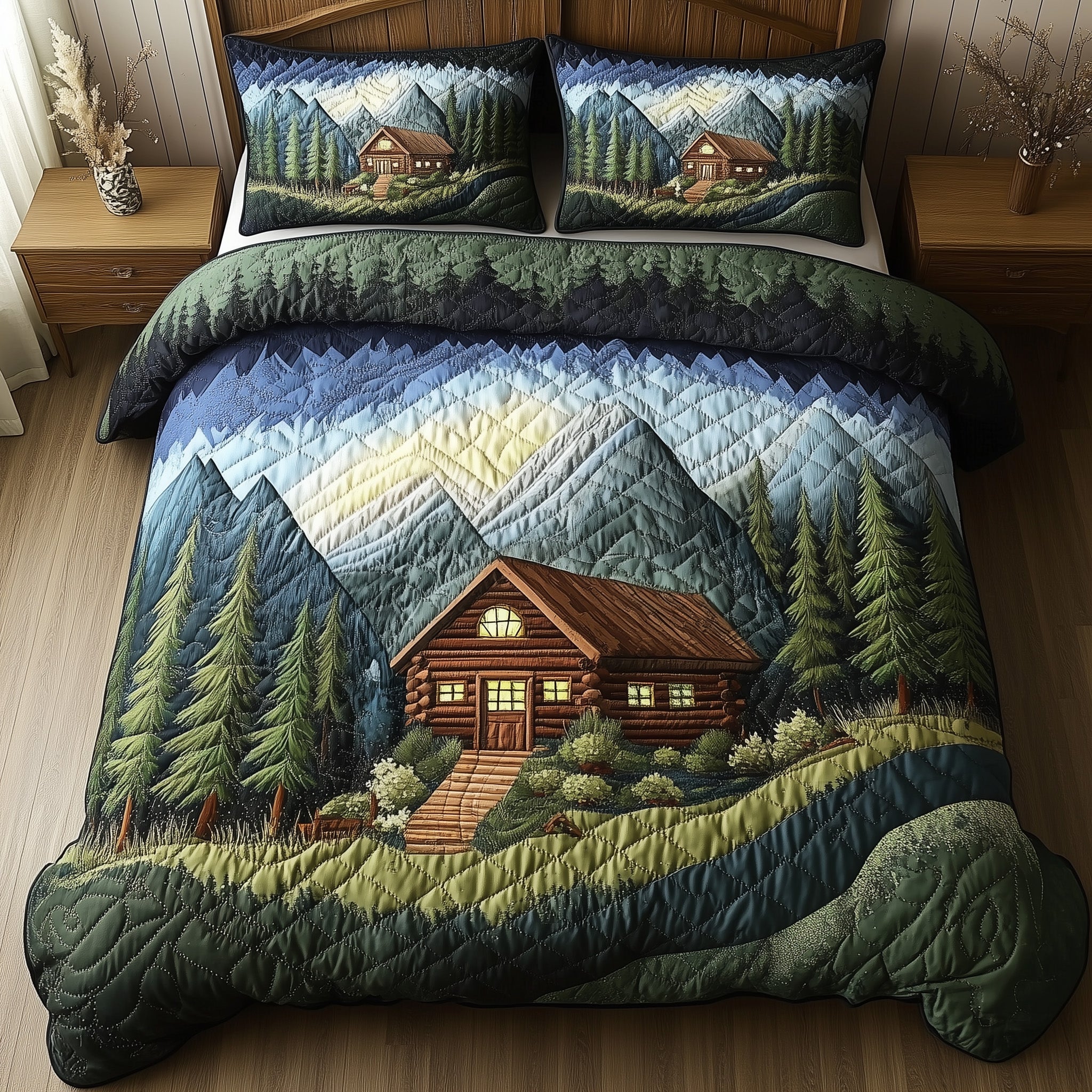 Woodland Log Cabin Quilted Bedding Set Duvet Cover Bed Sheet Gift For Men Secret Santa