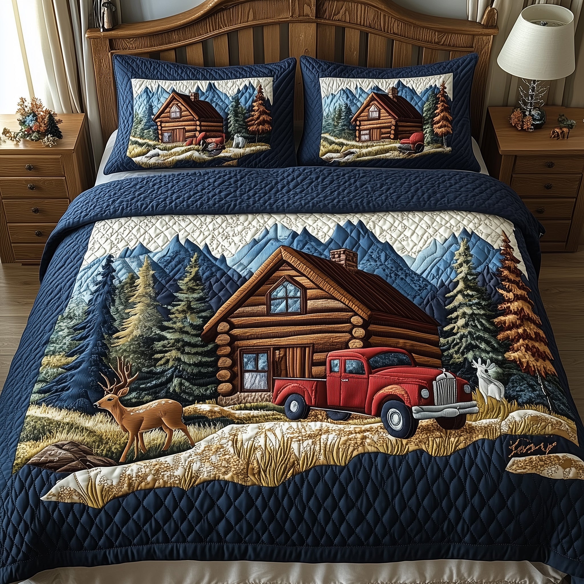 Woodland Log Cabin Quilted Bedding Set Duvet Cover Bed Sheet Gift Ideas For Guys Secret Santa