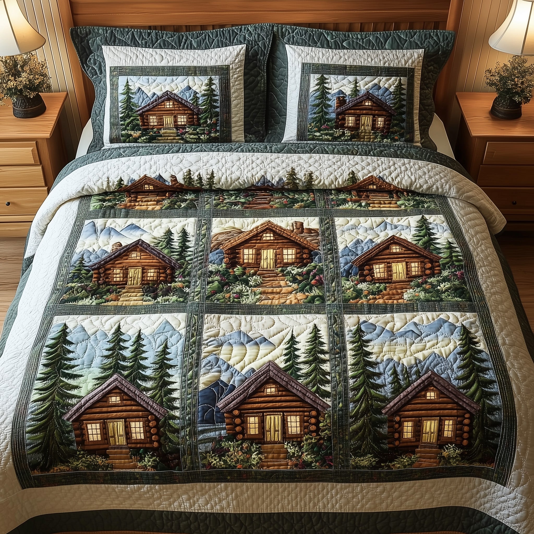 Woodland Log Cabin Quilted Bedding Set Duvet Cover Bed Sheet Gifts For Secret Santa For Guys