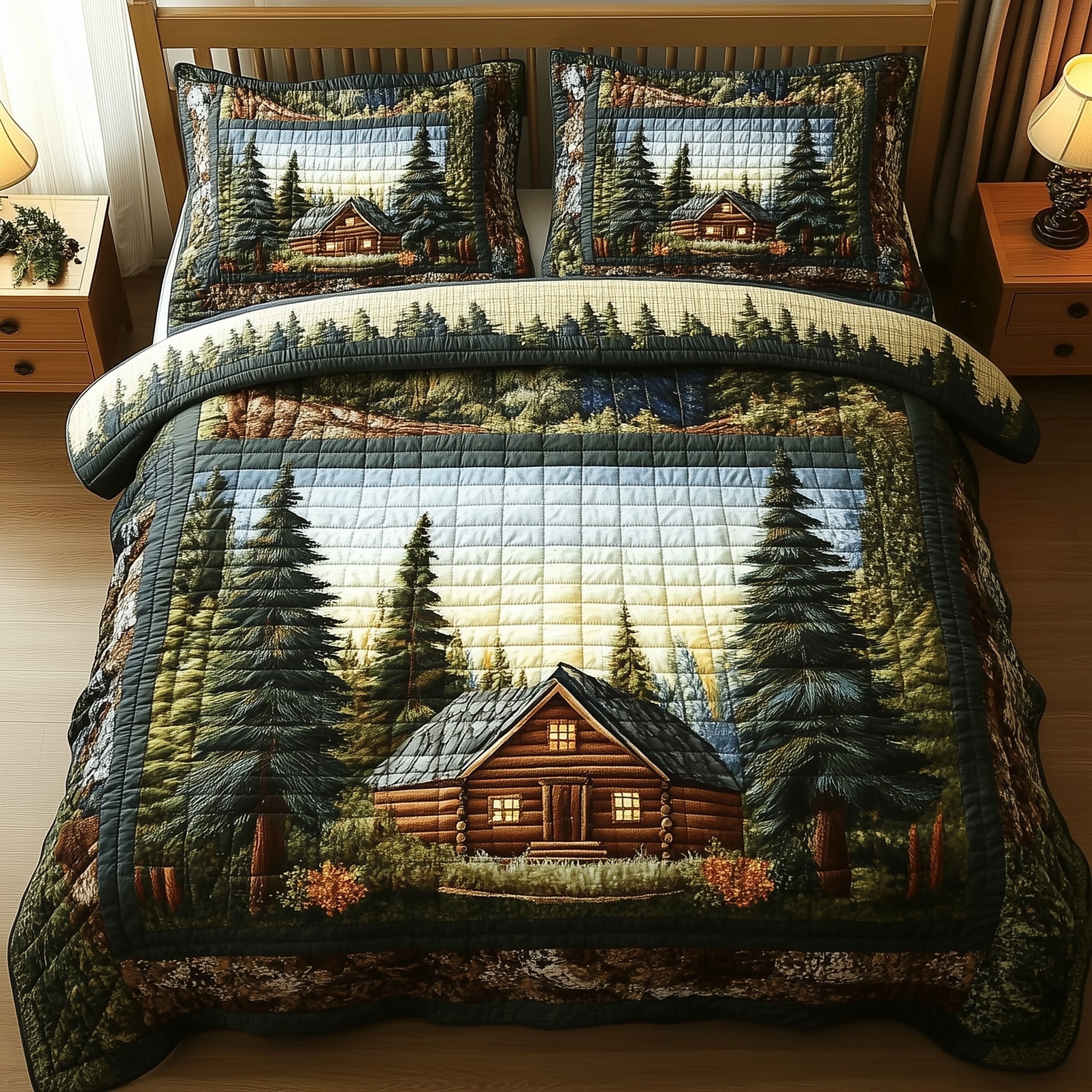 Woodland Log Cabin Quilted Bedding Set Duvet Cover Bed Sheet Gifts For Secret Santa Male