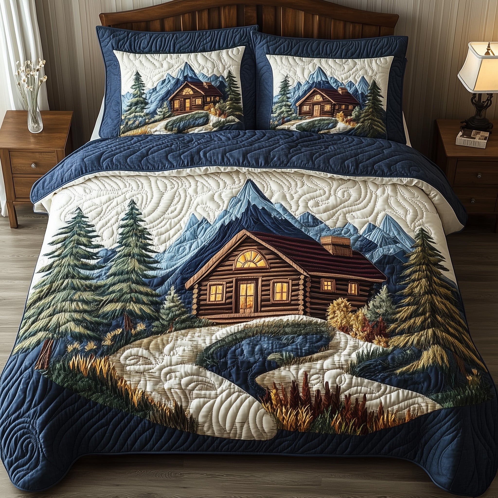 Woodland Log Cabin Quilted Bedding Set Duvet Cover Bed Sheet Great Gifts For Dirty Santa