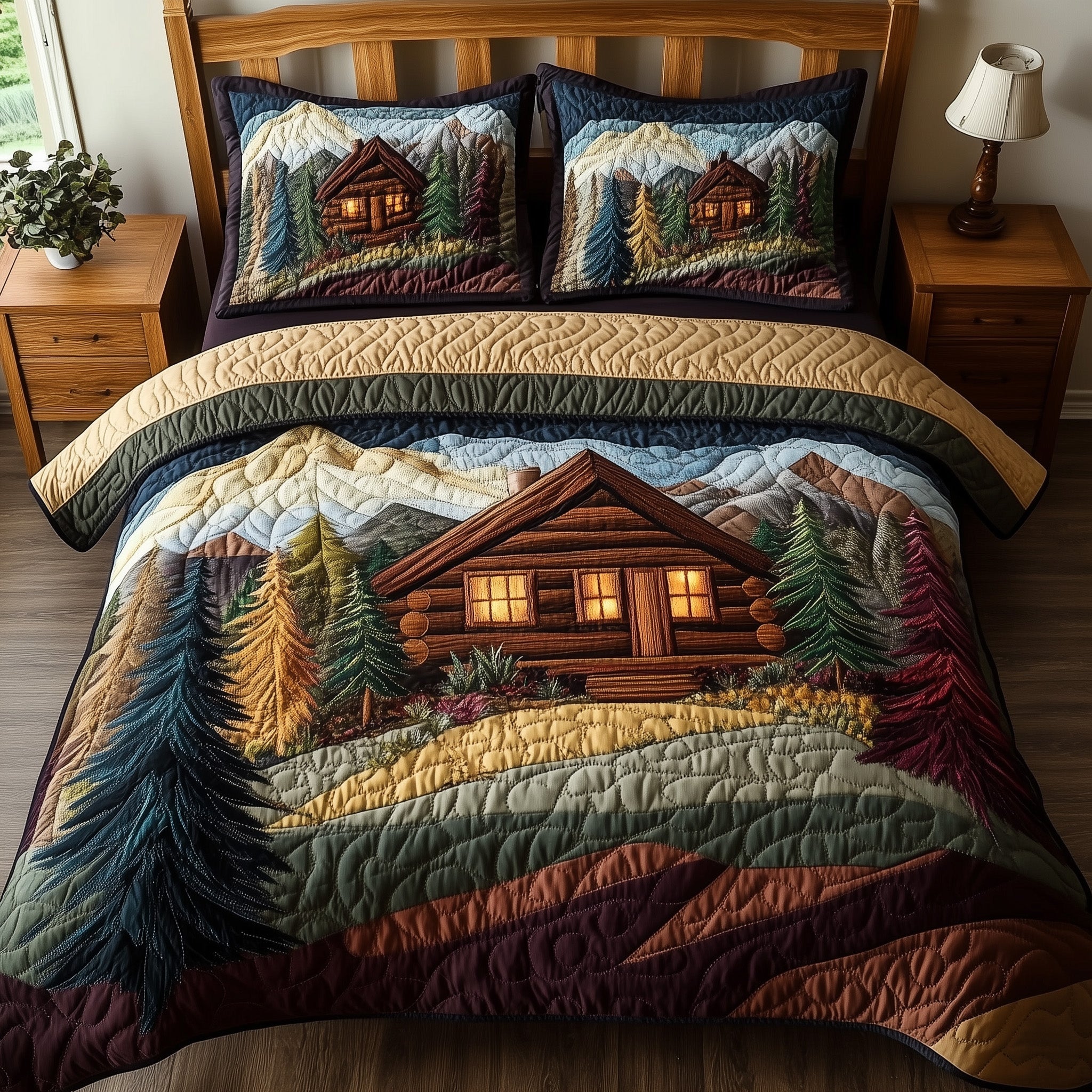 Woodland Log Cabin Quilted Bedding Set Duvet Cover Bed Sheet Great Secret Santa Presents
