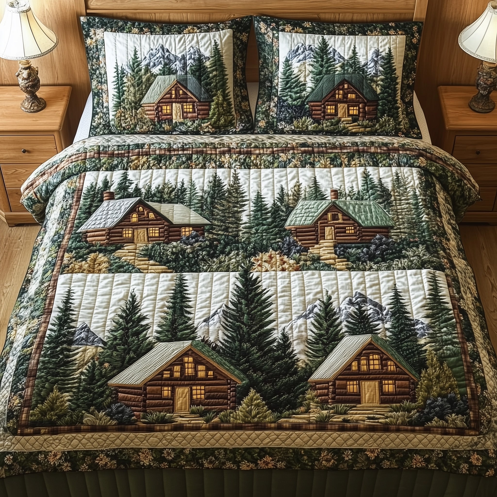 Woodland Log Cabin Quilted Bedding Set Duvet Cover Bed Sheet Male Gifts For Secret Santa