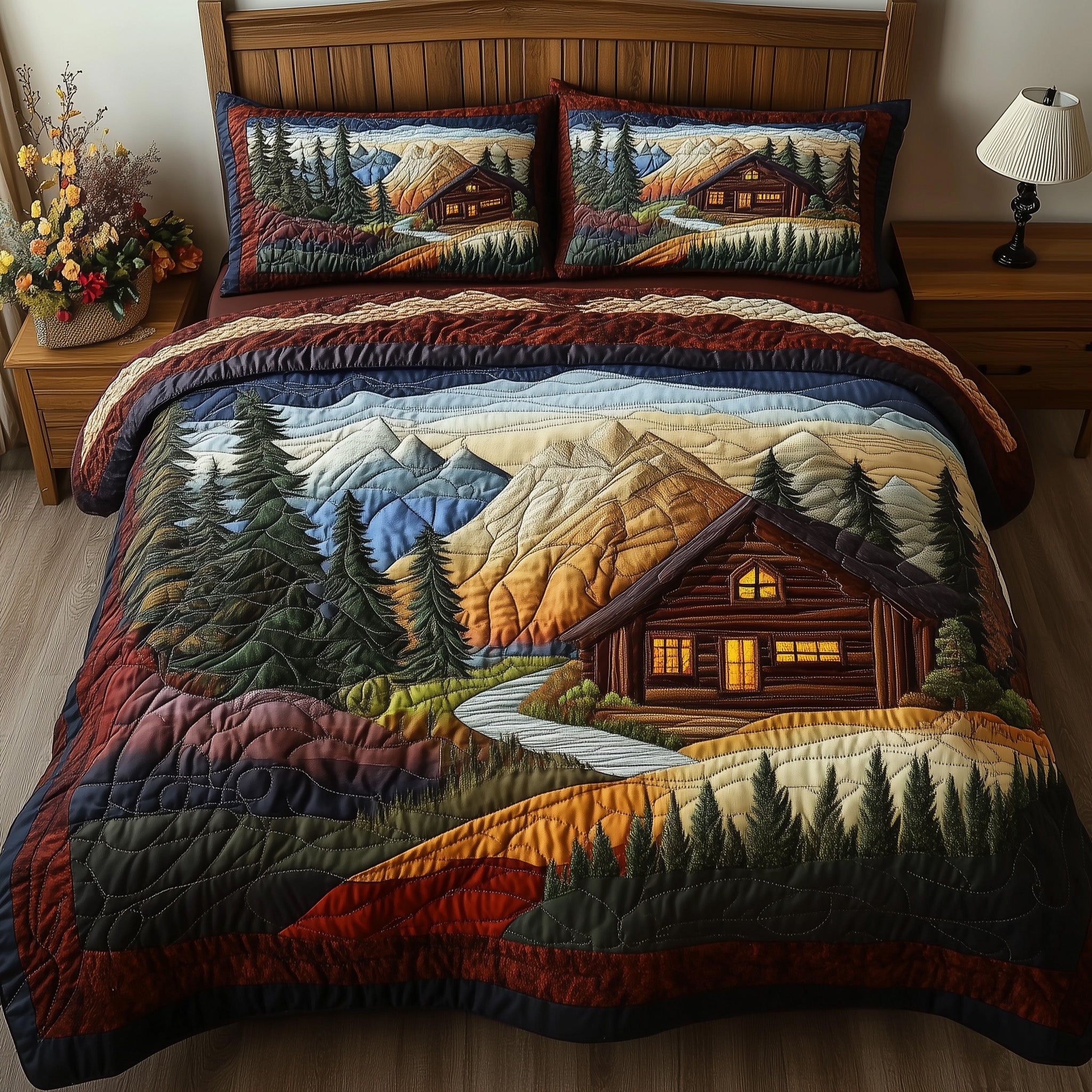 Woodland Log Cabin Quilted Bedding Set Duvet Cover Bed Sheet Nice Secret Santa Gifts