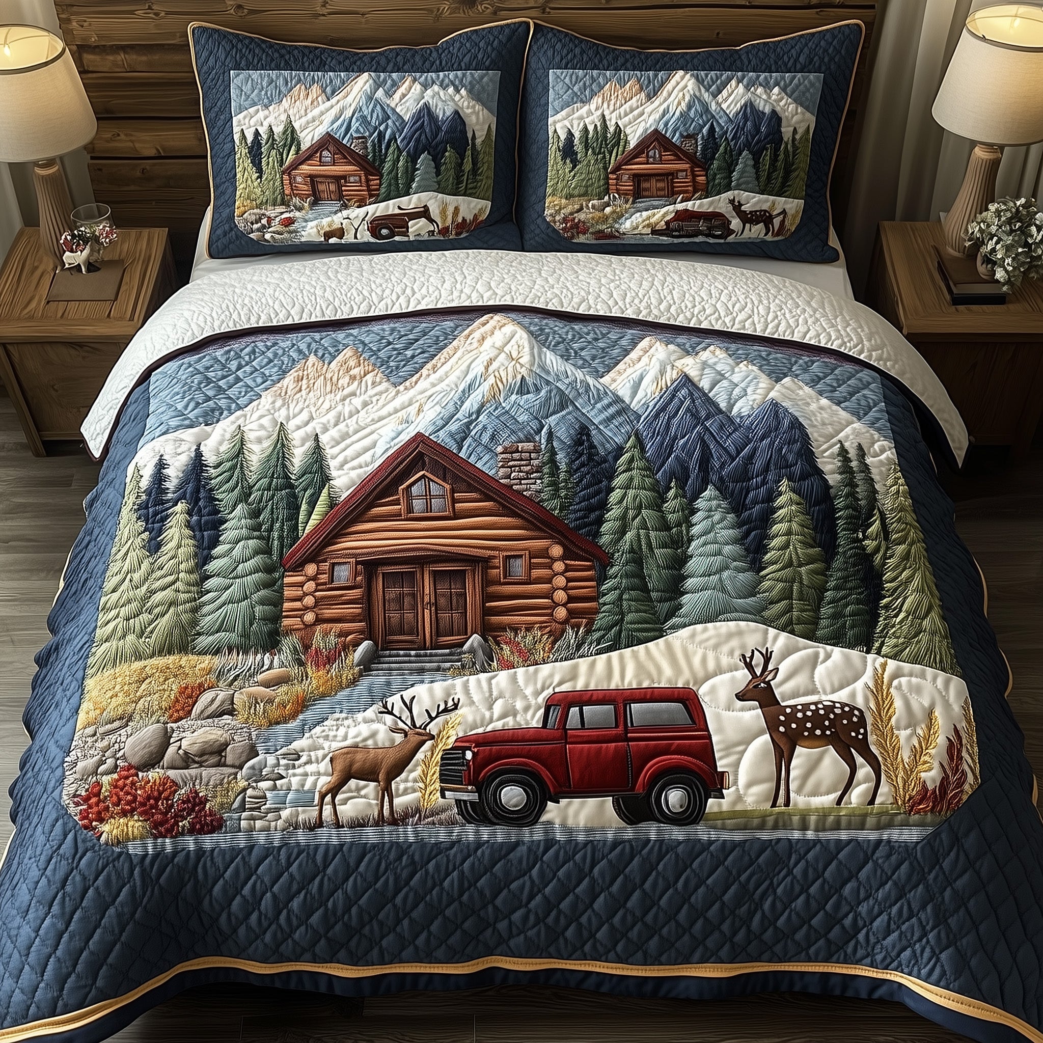 Woodland Log Cabin Quilted Bedding Set Duvet Cover Bed Sheet Secret Santa Gift Ideas For Coworkers