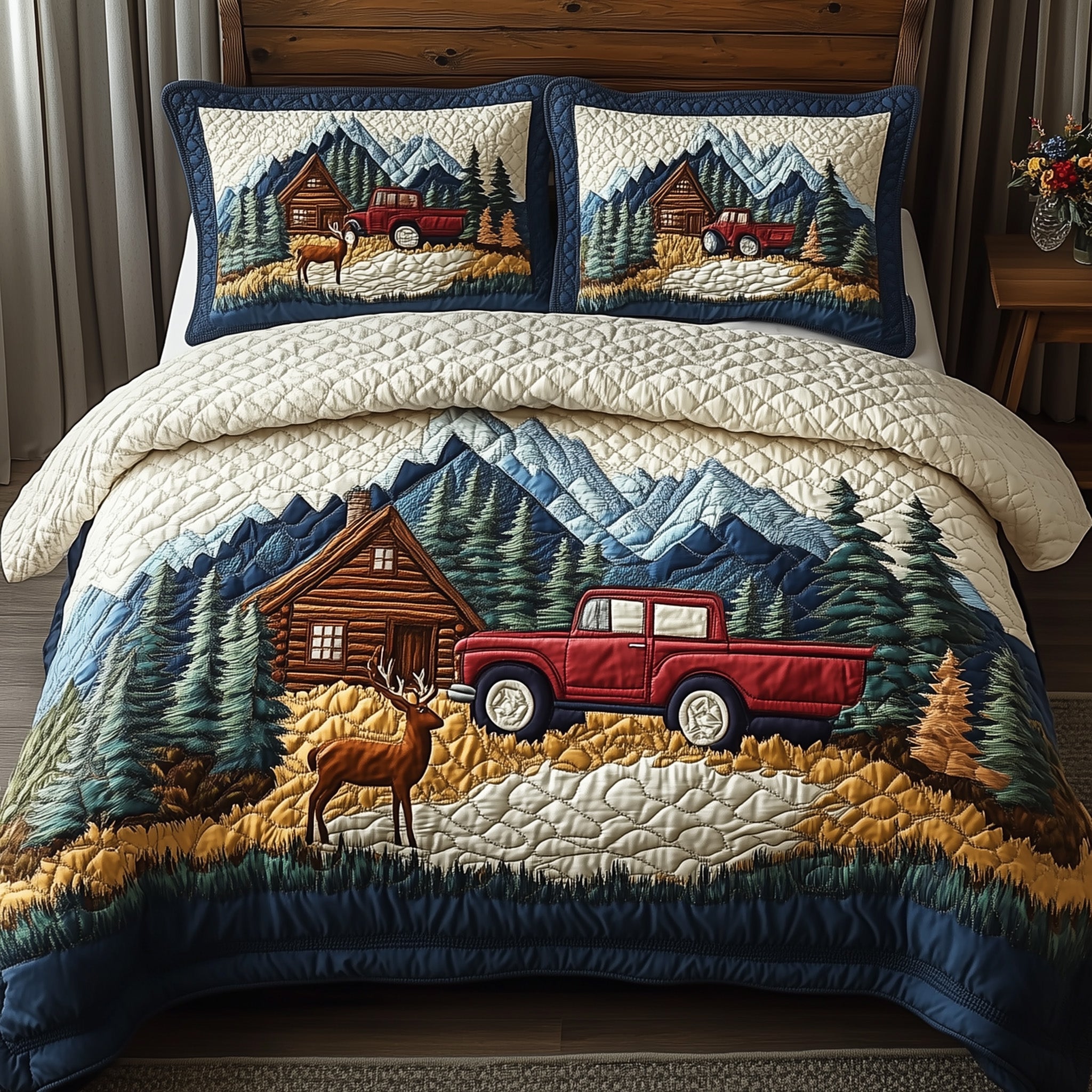 Woodland Log Cabin Quilted Bedding Set Duvet Cover Bed Sheet Secret Santa Mens Gift