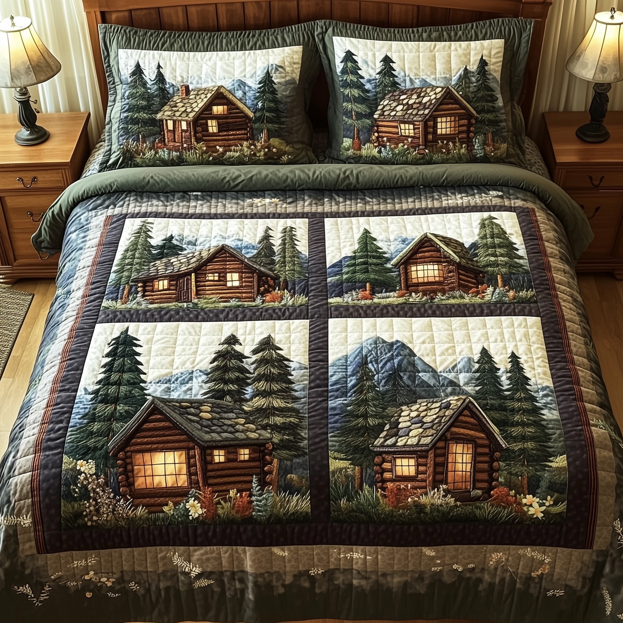 Woodland Log Cabin Quilted Bedding Set Duvet Cover Bed Sheet Secret Santa Presents For Guys