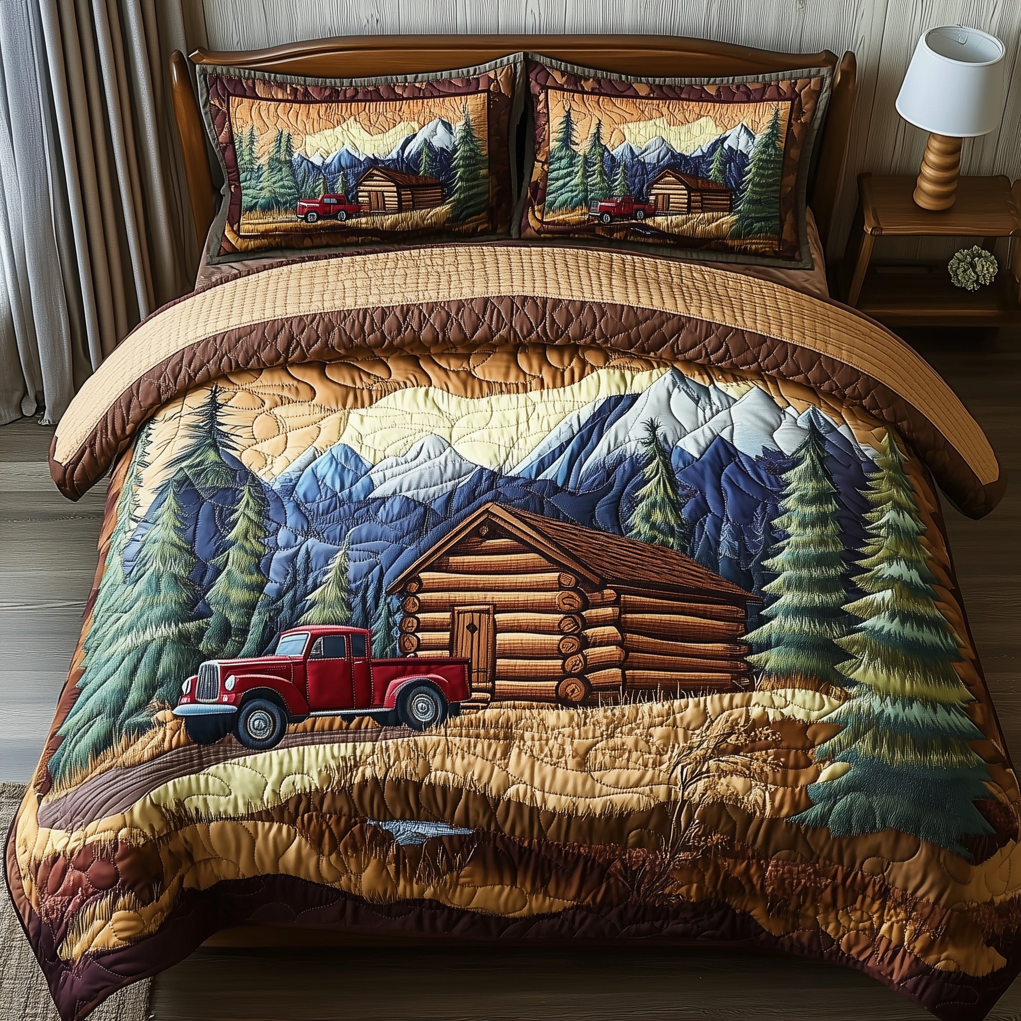 Woodland Log Cabin Quilted Bedding Set Duvet Cover Bed Sheet Secret Santa Presents For Him