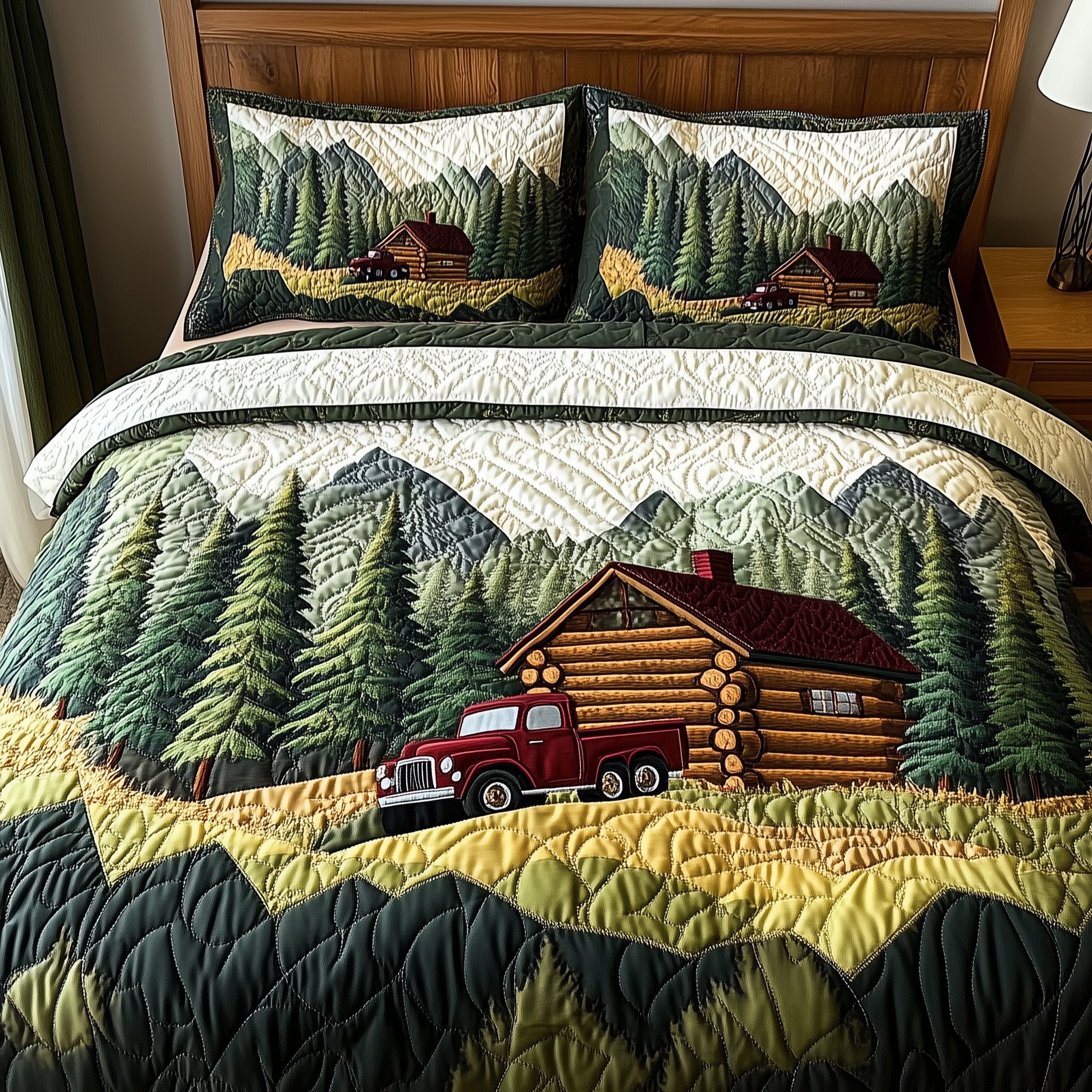 Woodland Log Cabin Quilted Bedding Set Duvet Cover Bed Sheet Secret Santa Presents For Men