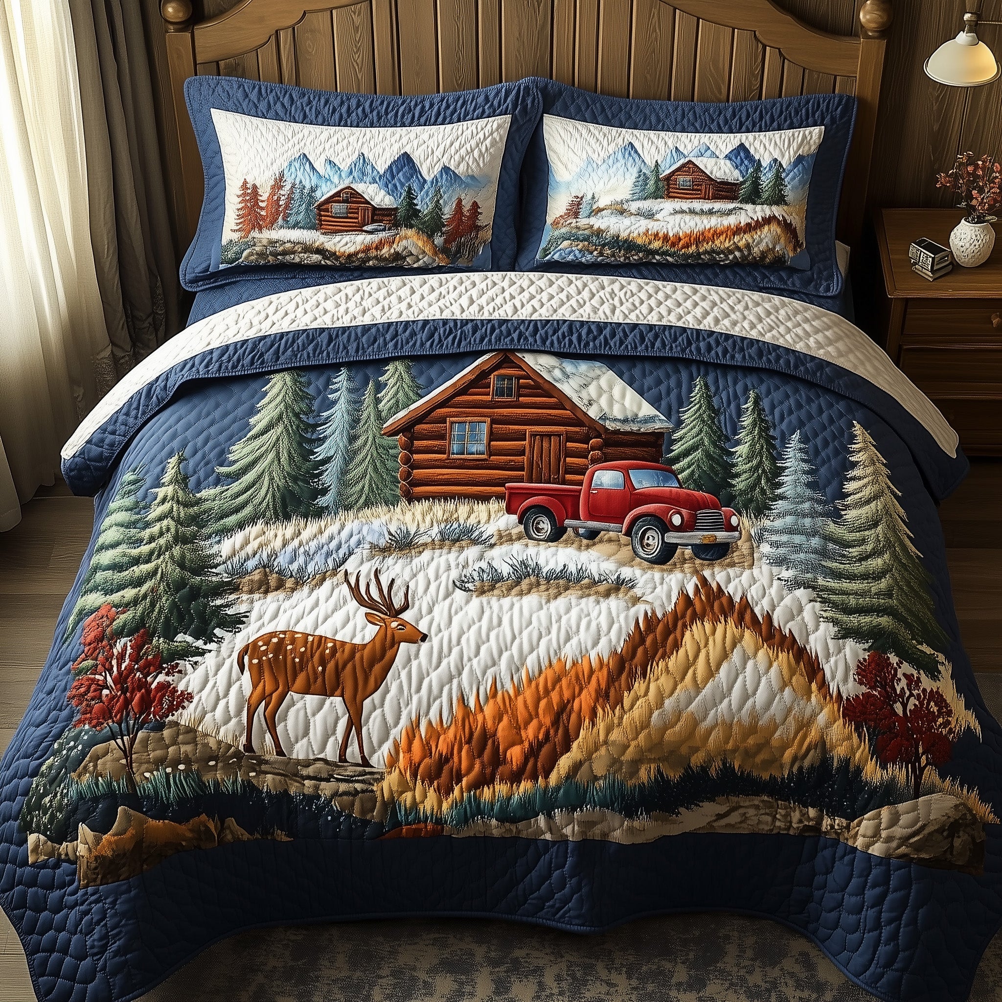 Woodland Log Cabin Quilted Bedding Set Duvet Cover Bed Sheet Work Secret Santa Presents
