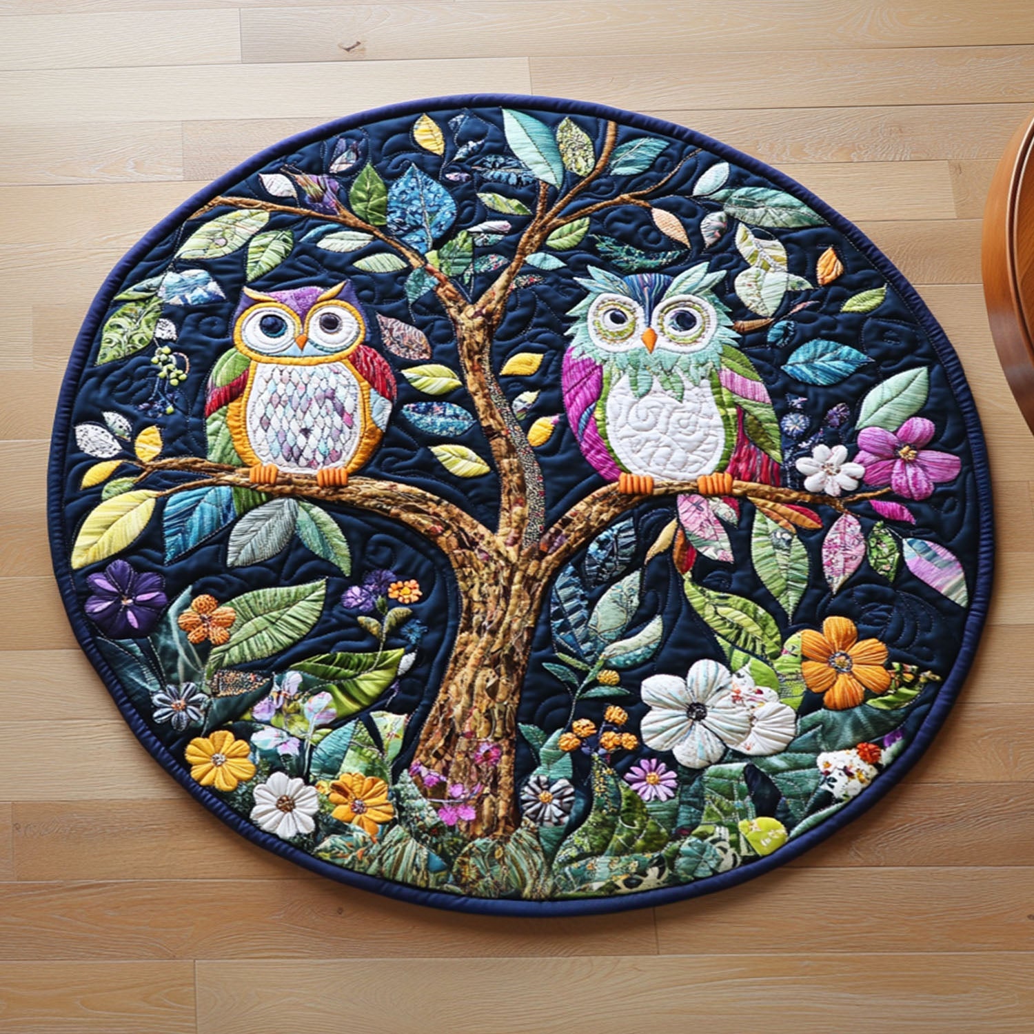 Woodland Owls Quilted Round Mat Christmas Entryway Decor Sunflower Theme Gifts