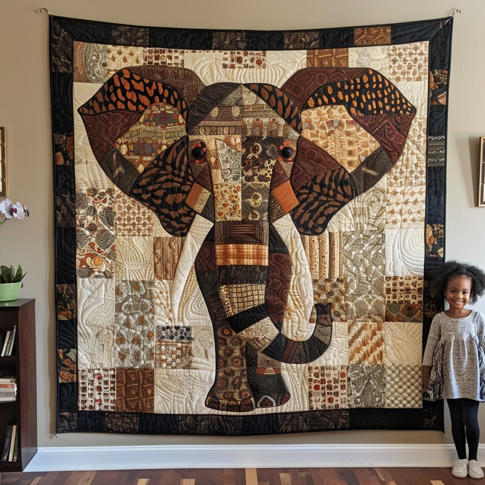 Woodland Patchwork Elephant Quilted Blanket African Earthy Art Cozy Throw Best Gift For Elephant Fans