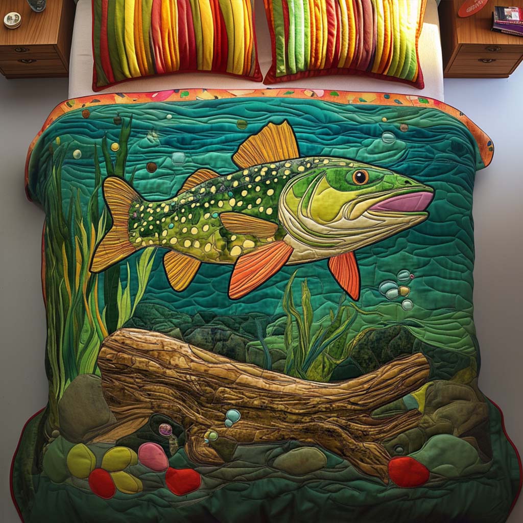 Woodland Pike Quilted Bedding Set Best Bed Sheet Set Cool Gifts For Fishing Lovers