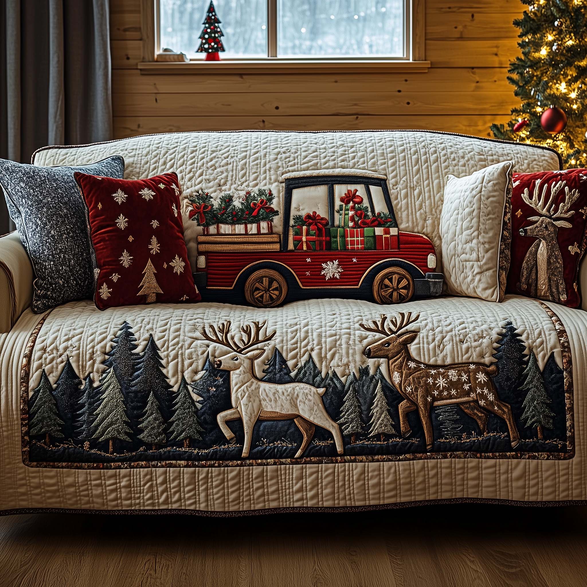 Woodland Red Truck Quilted Sofa Cover Rustic Forest Christmas Scene Best Gift For Xmas Holiday